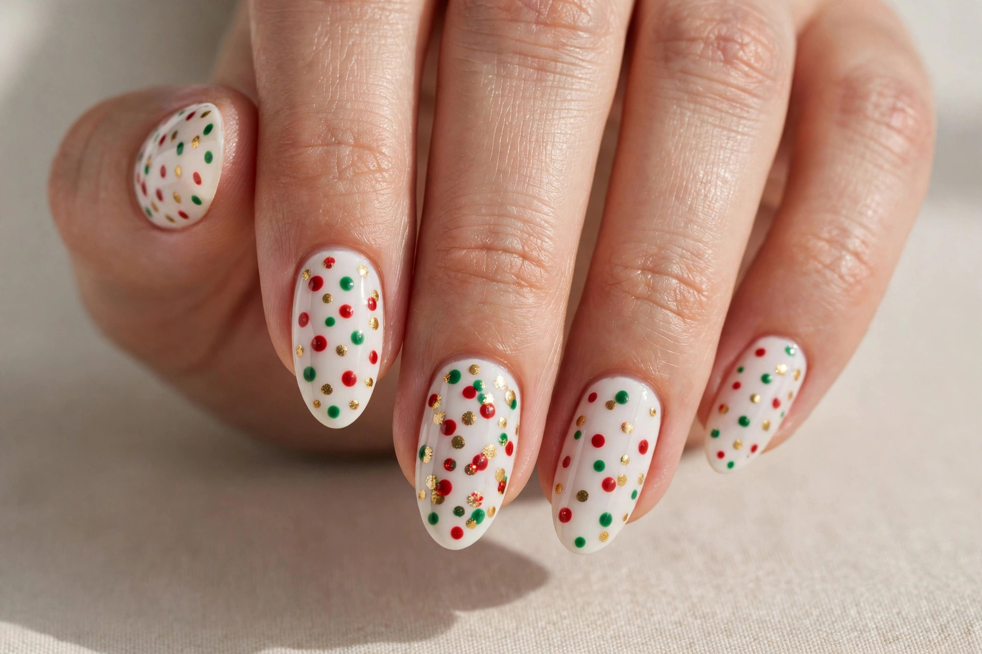 White nails with colorful Christmas ornament dots