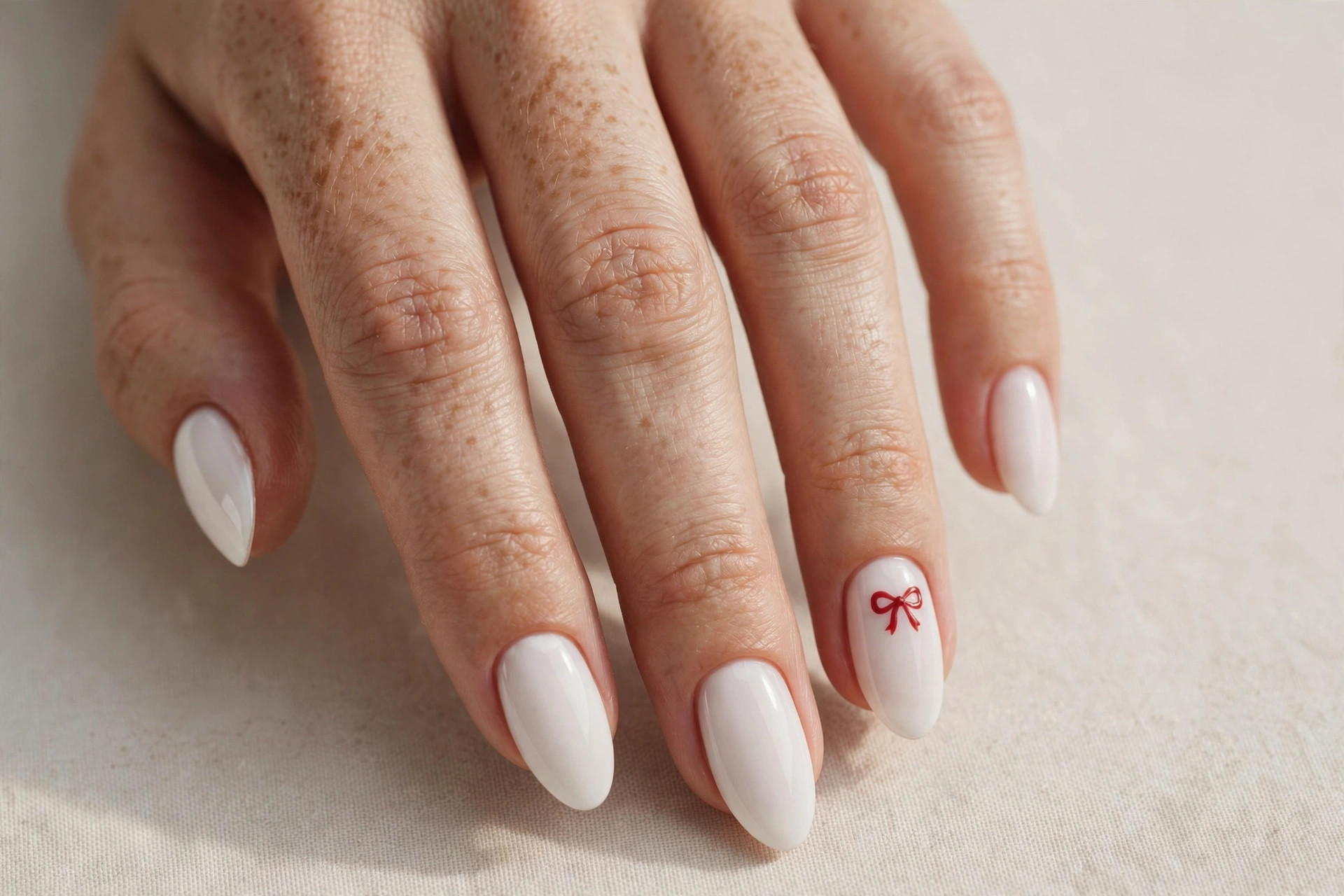 White nails with tiny red bow nail art
