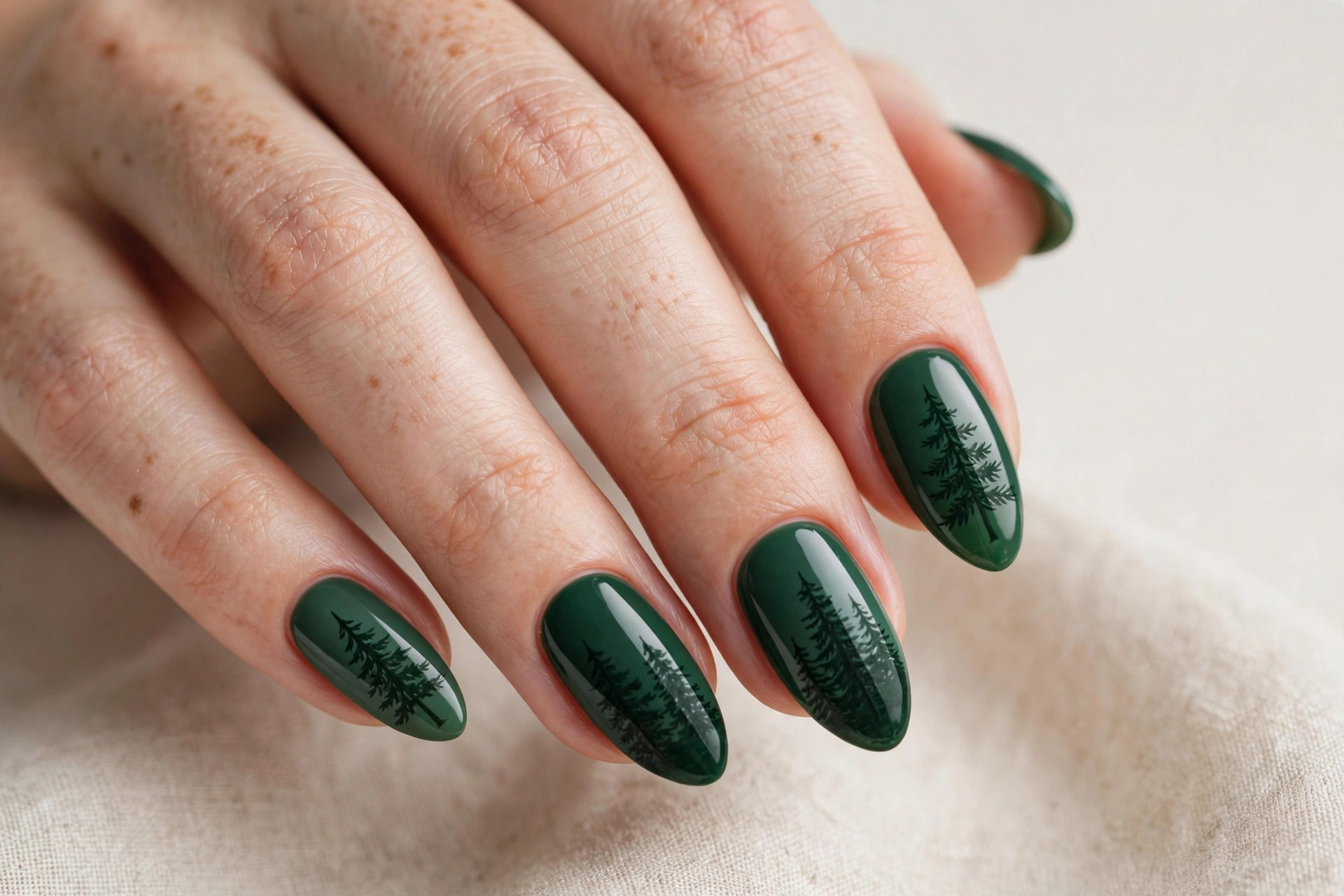 Evergreen nails with pine tree silhouette art