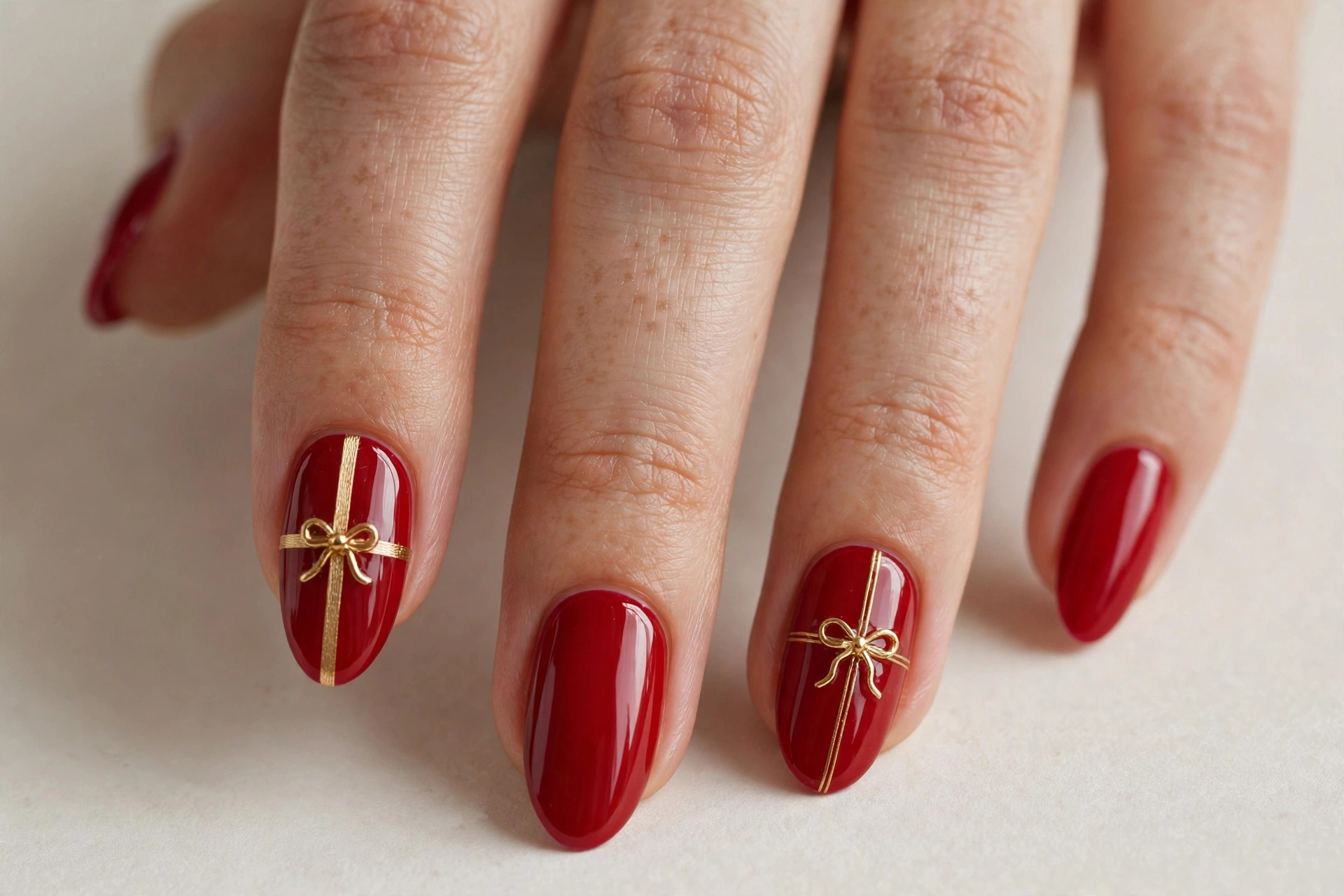Red nails with gold gift ribbon nail art