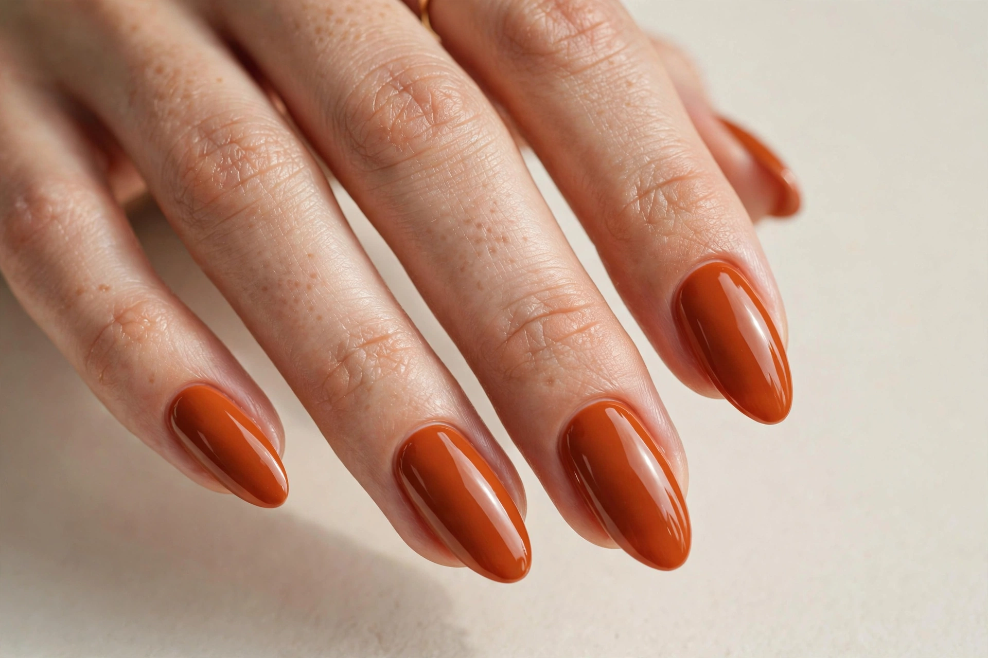 Burnt orange solid manicure on almond nails