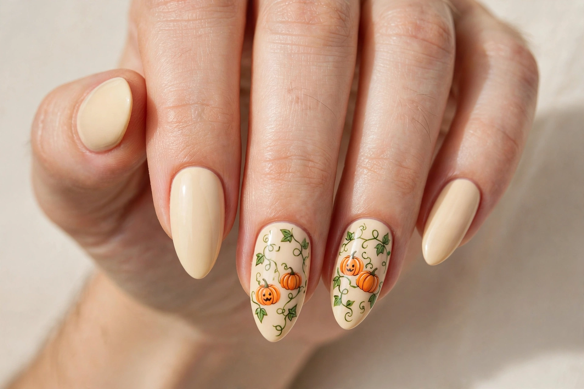 Cream nails with tiny pumpkin nail art accents