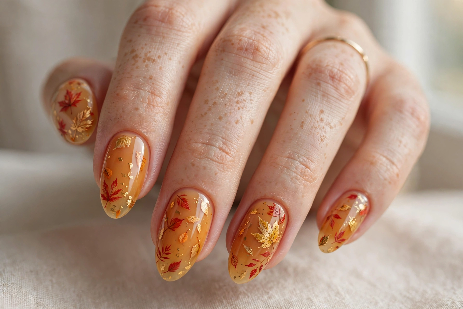 Amber nails with hand-painted falling autumn leaves
