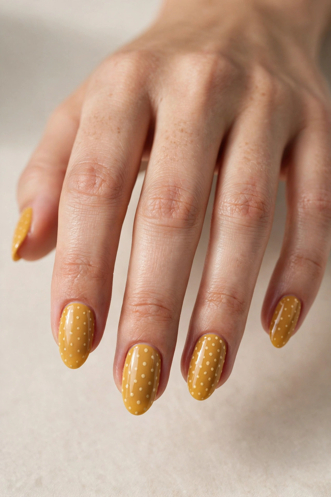 Mustard yellow nails with cream polka dots