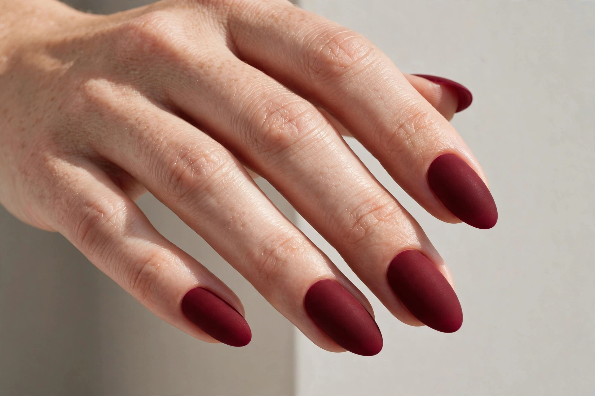 Deep burgundy matte manicure on almond nails