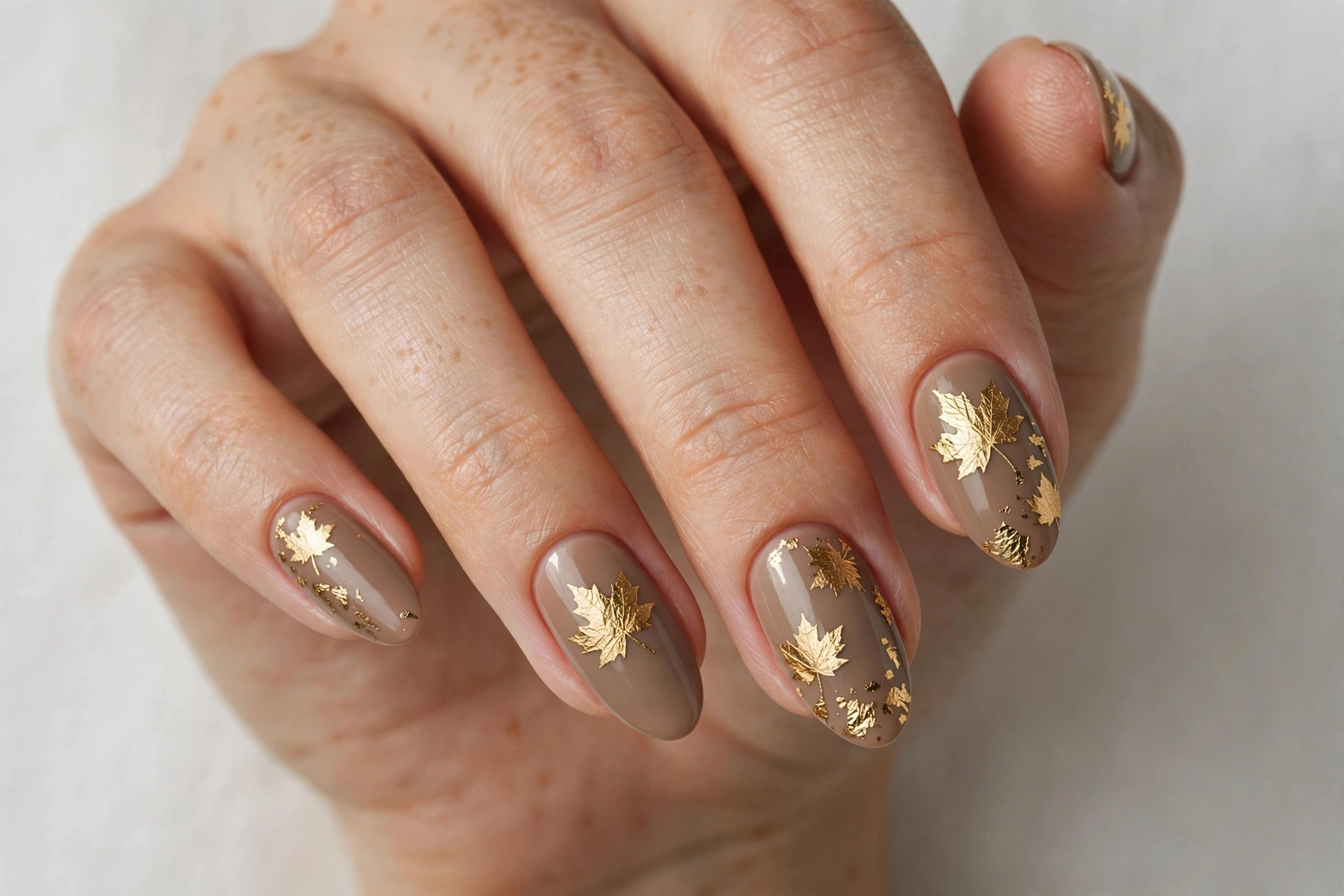 Taupe nails with gold foil maple leaves