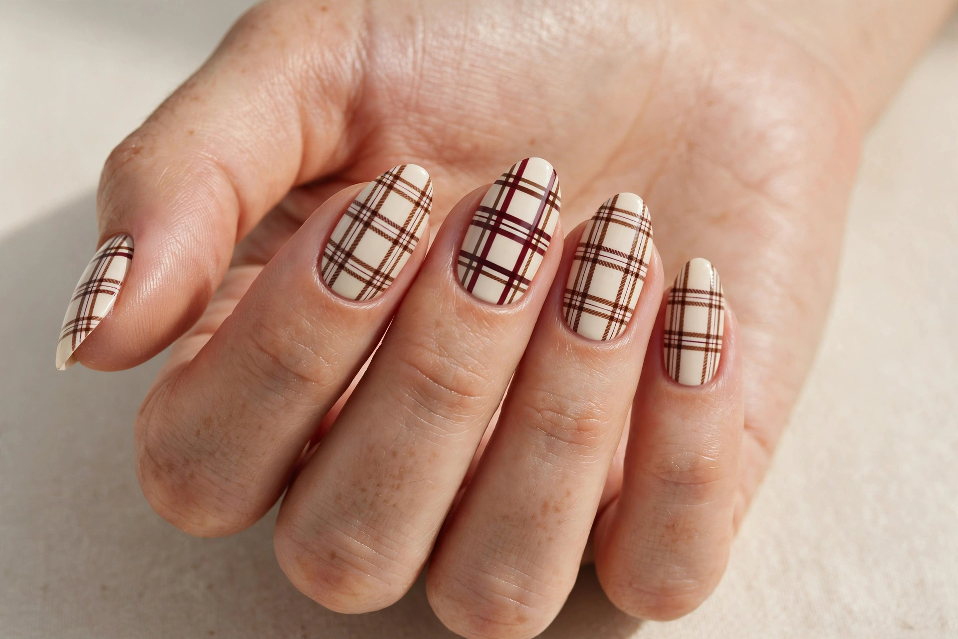 Fall plaid pattern nail art in burgundy and brown