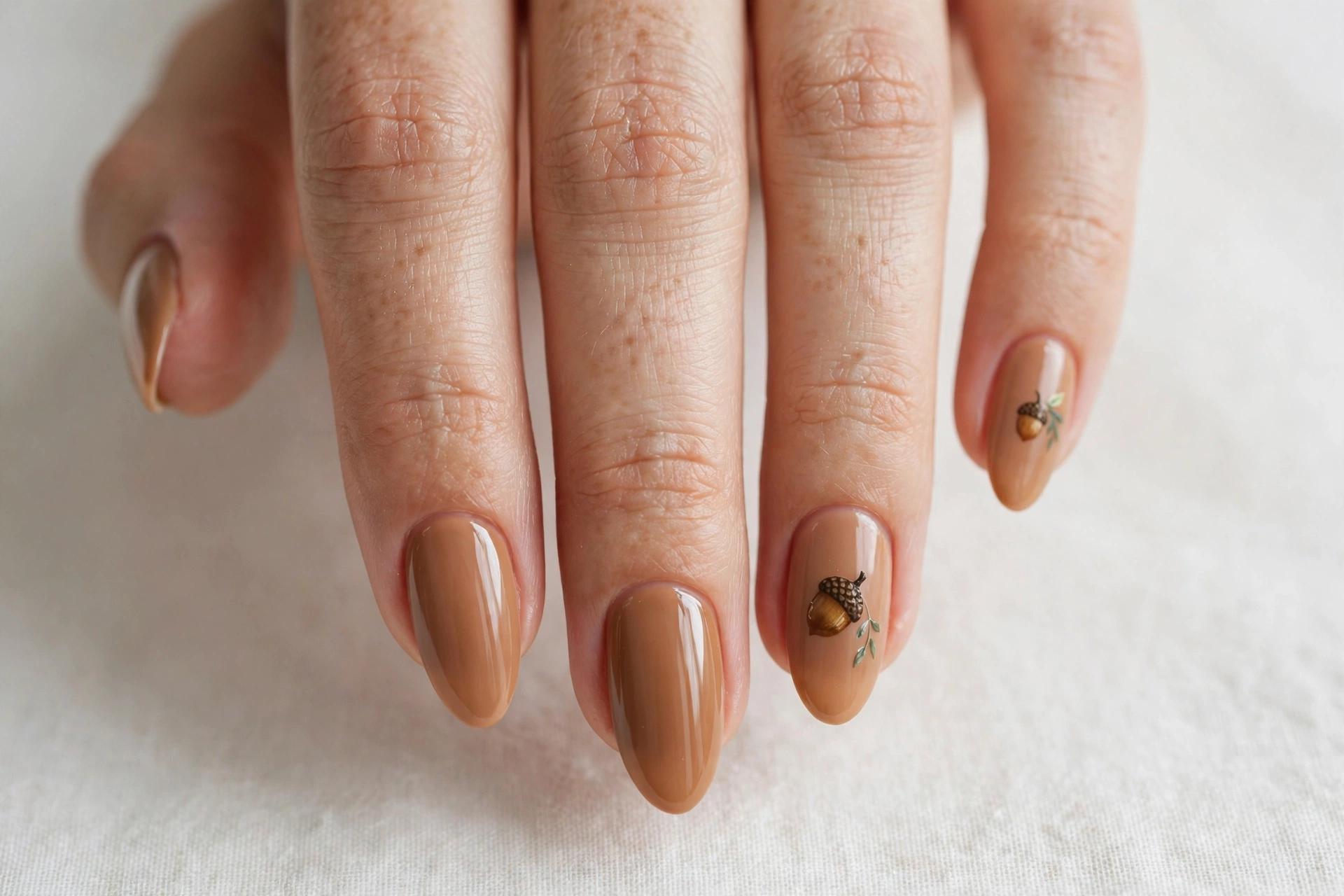 Caramel nails with cute acorn nail art
