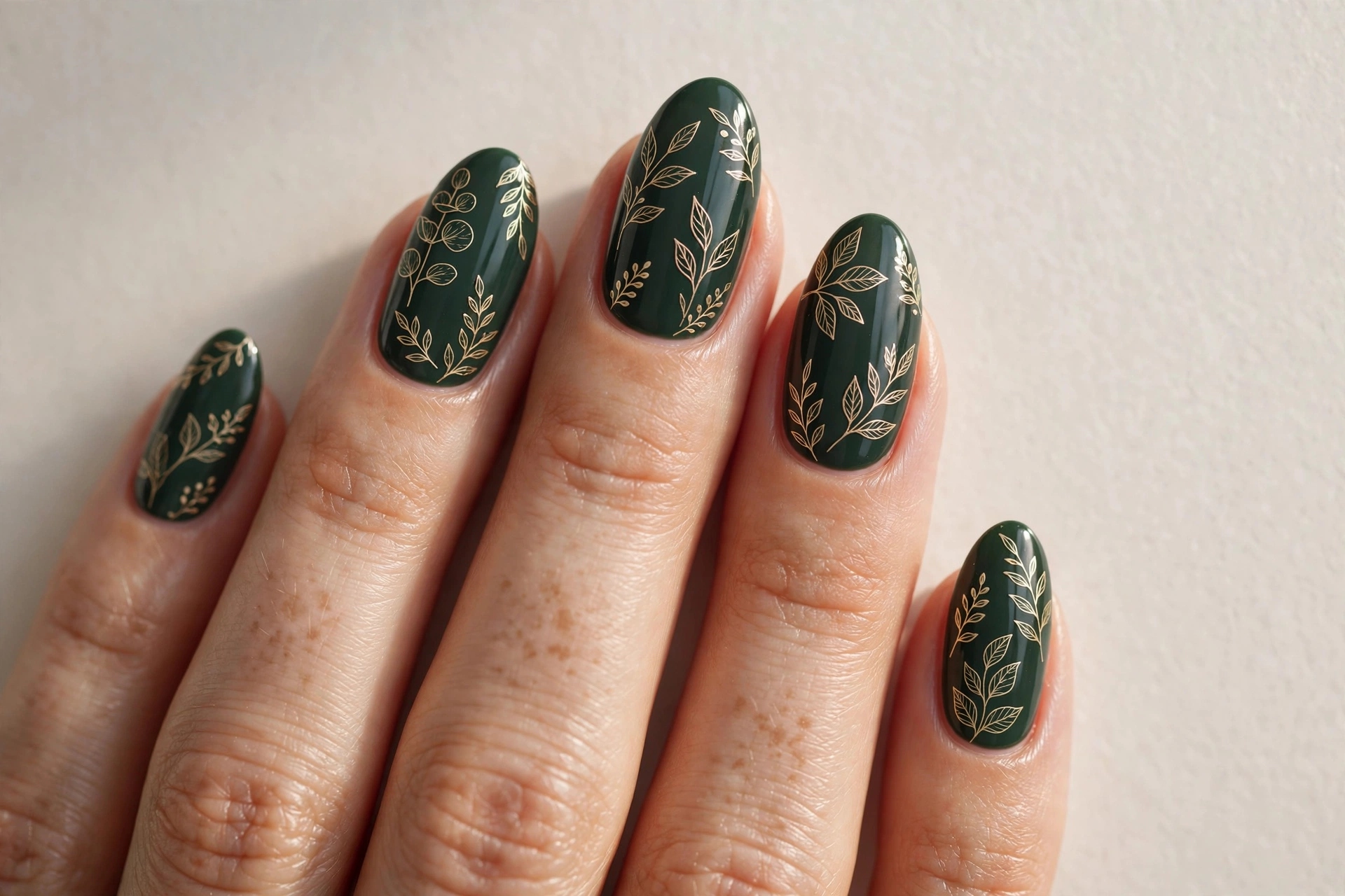 Dark forest green nails with delicate gold line art