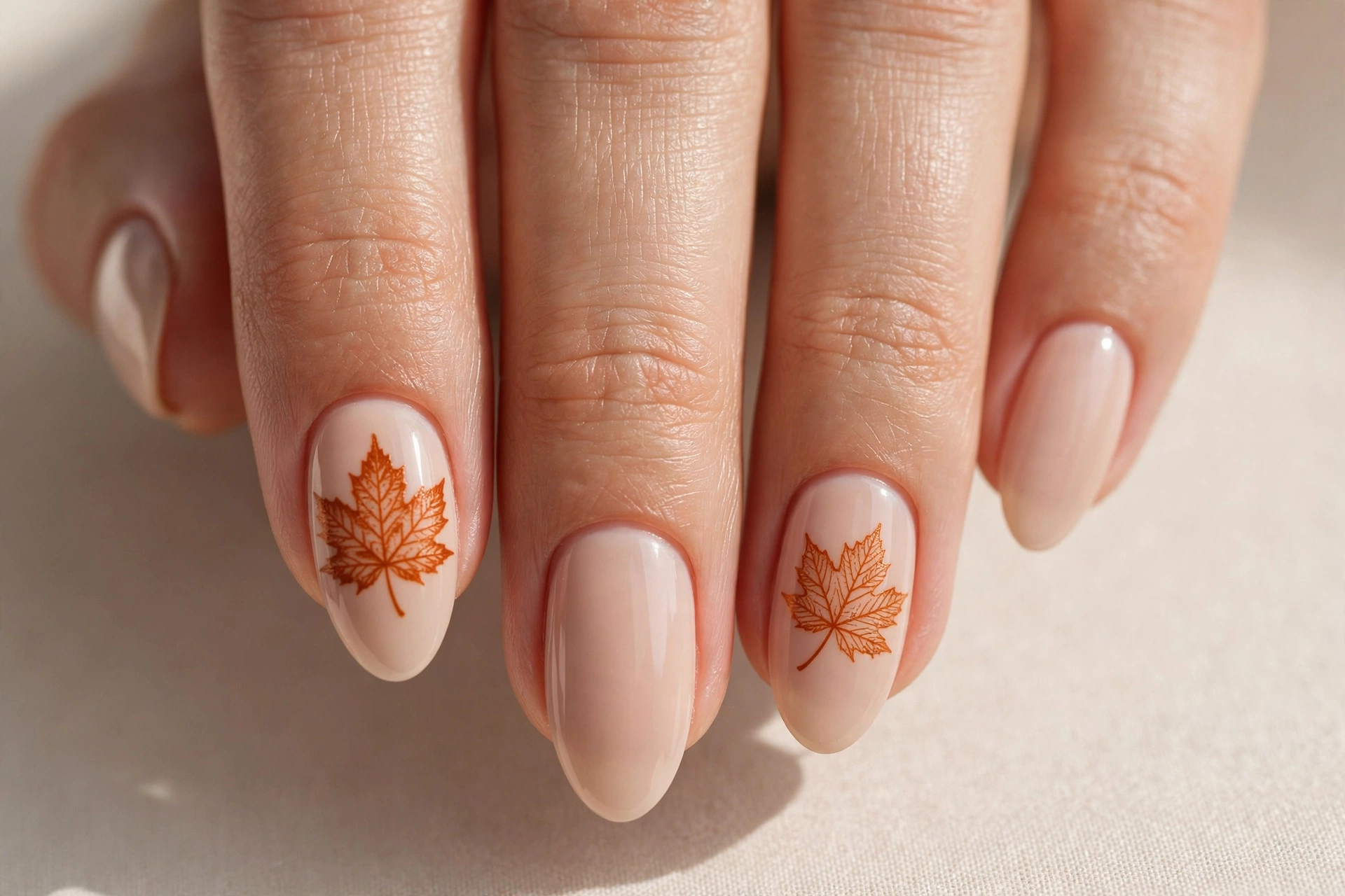 Nude nails with stamped burnt orange fall leaves
