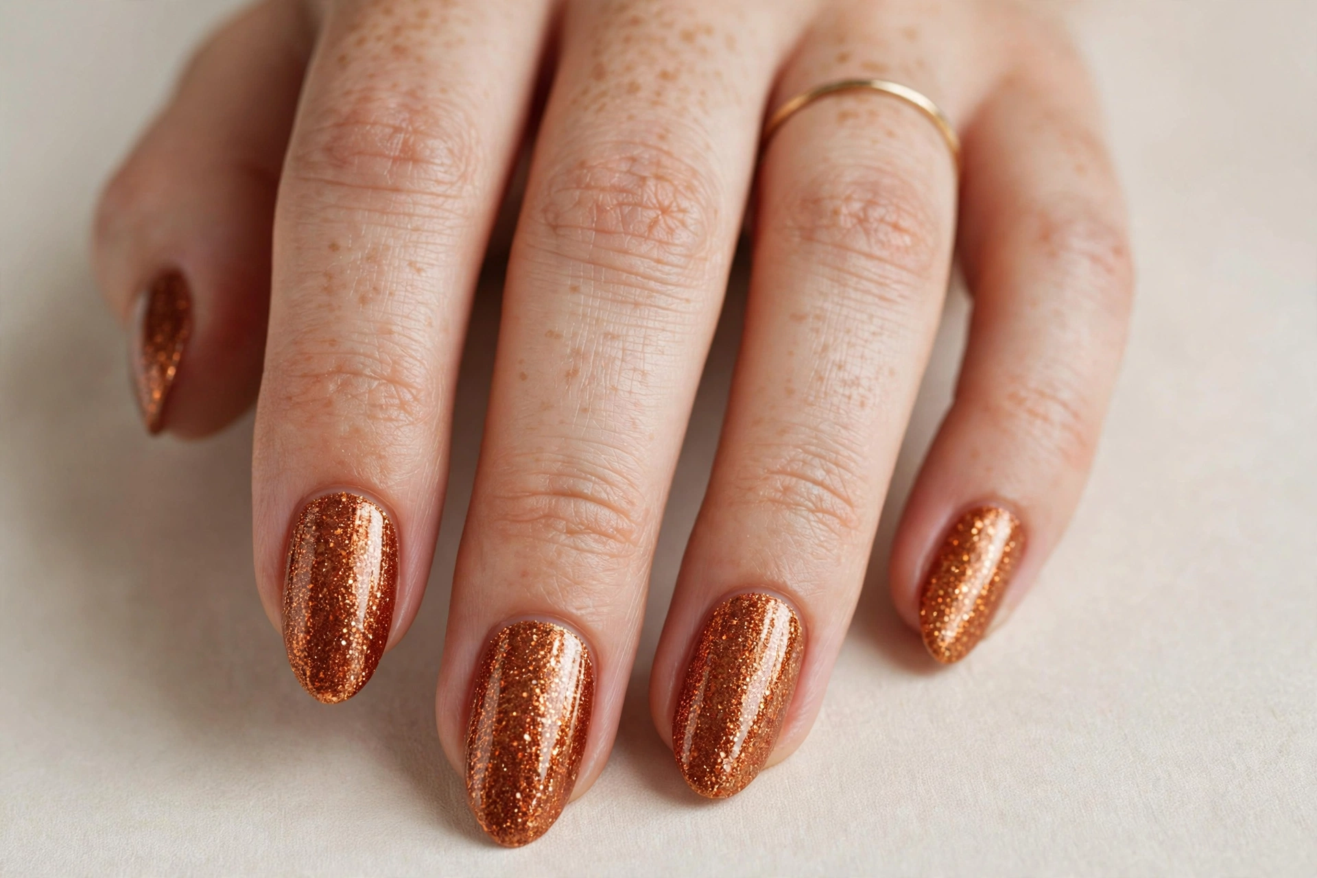 Warm copper glitter manicure