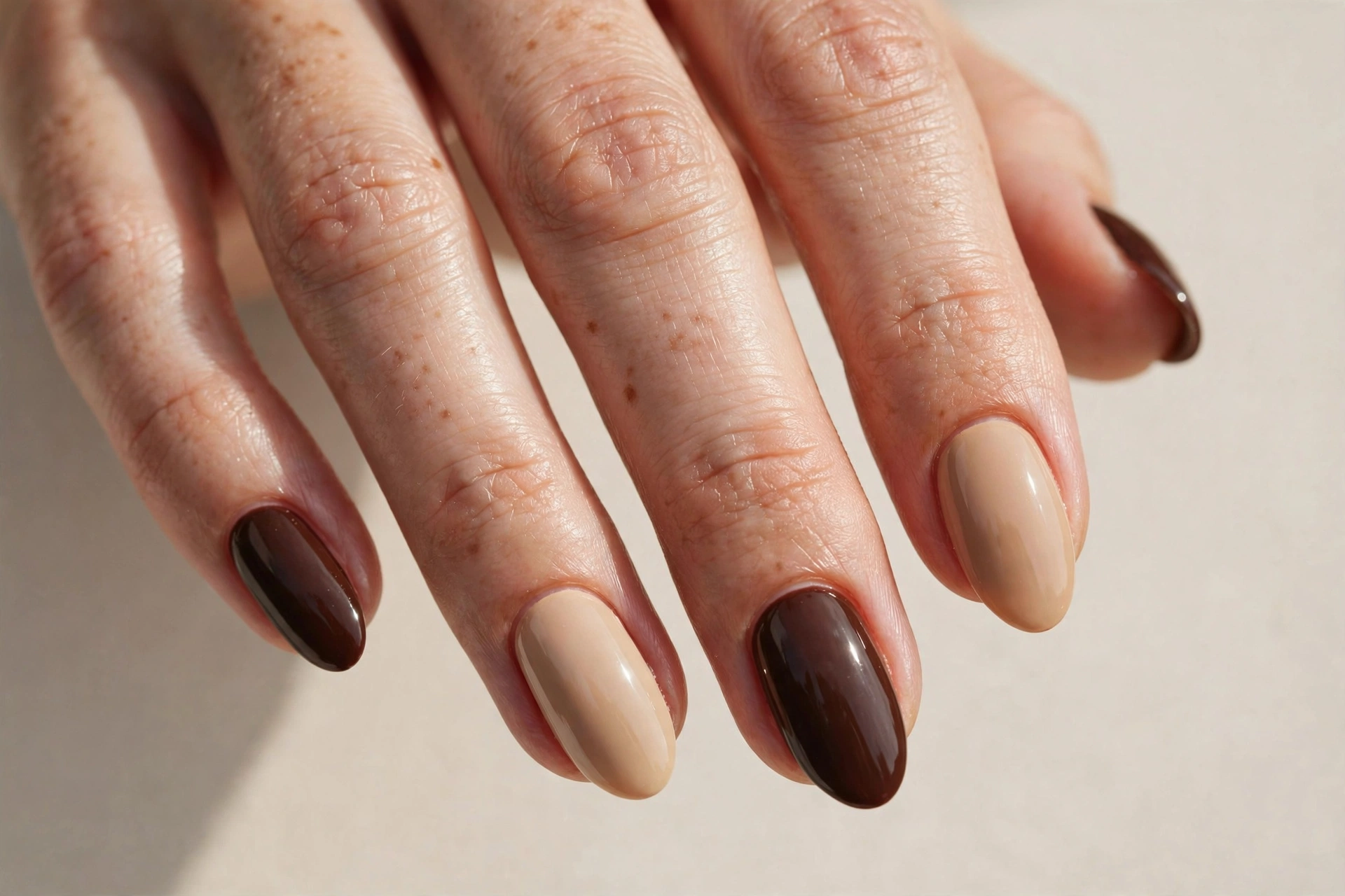 Alternating chocolate brown and beige solid nails
