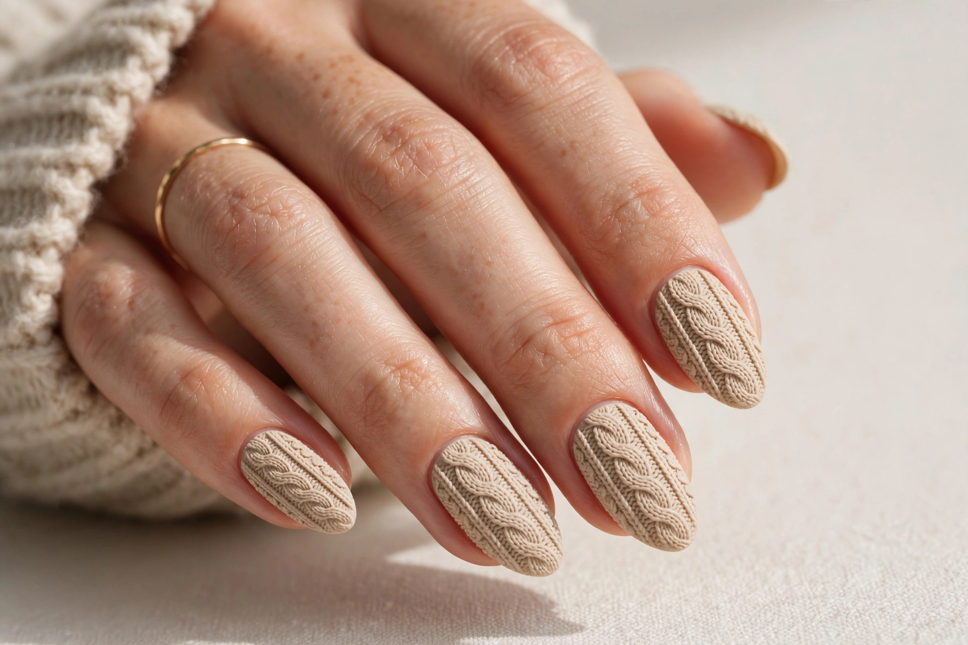 Oatmeal beige nails with sweater knit texture