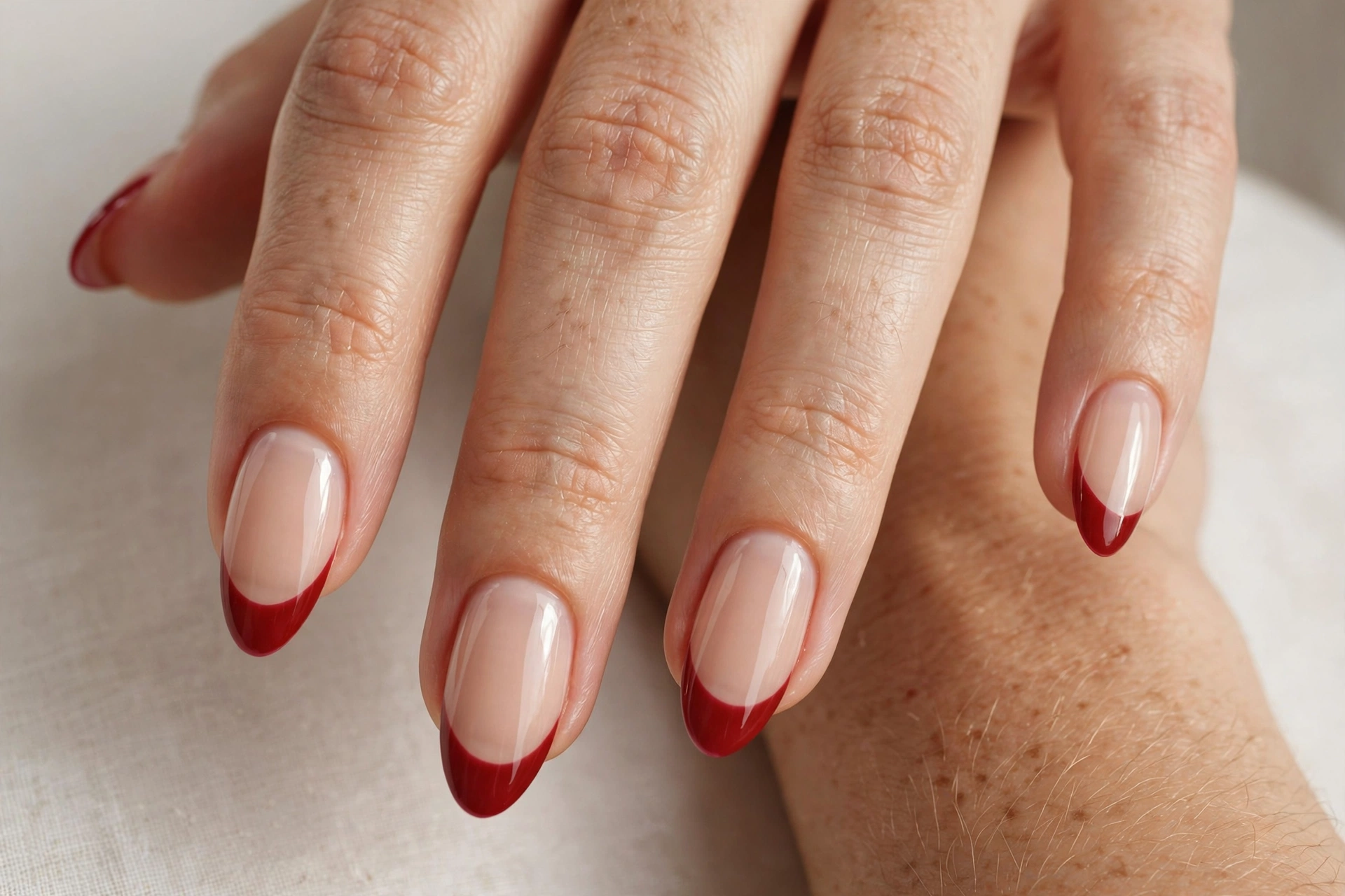 Apple red french tip manicure on nude base