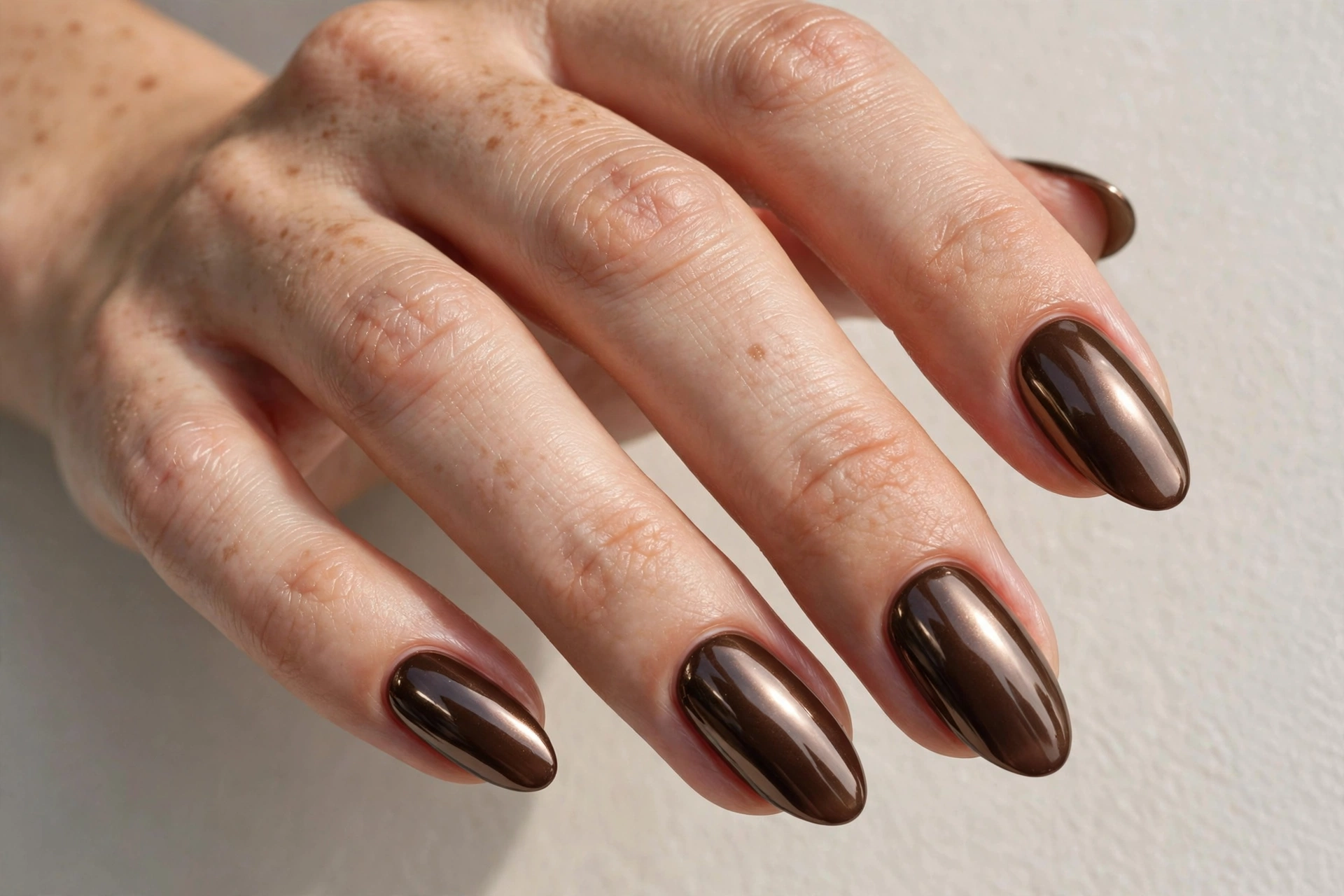 Glossy espresso brown chrome manicure