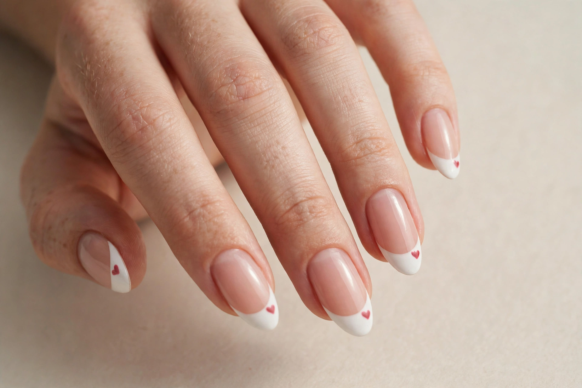 Cute French tip nails with tiny hearts on each white tip