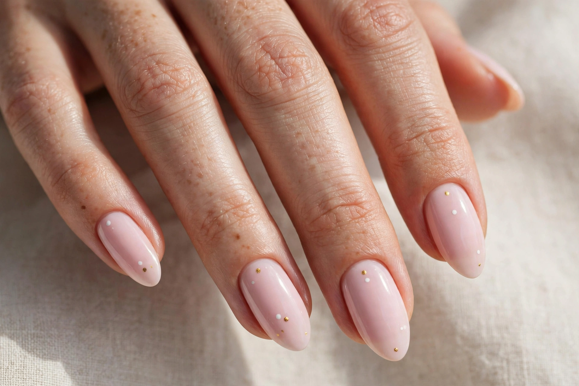 Minimalist pastel pink nails with tiny white and gold dots