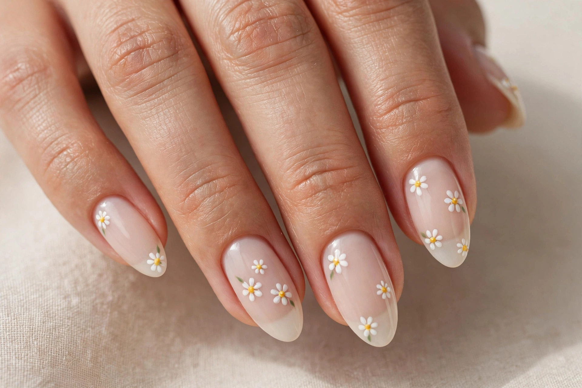 Cute daisy nail art with white petals and yellow centers on nude base