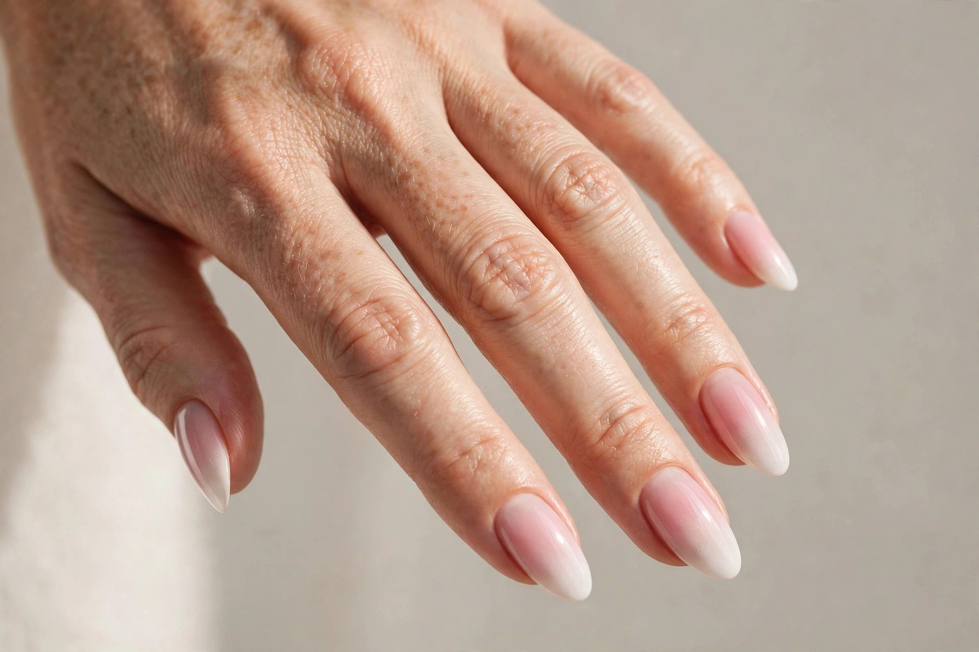 Soft baby boomer ombre nails fading from pink to white