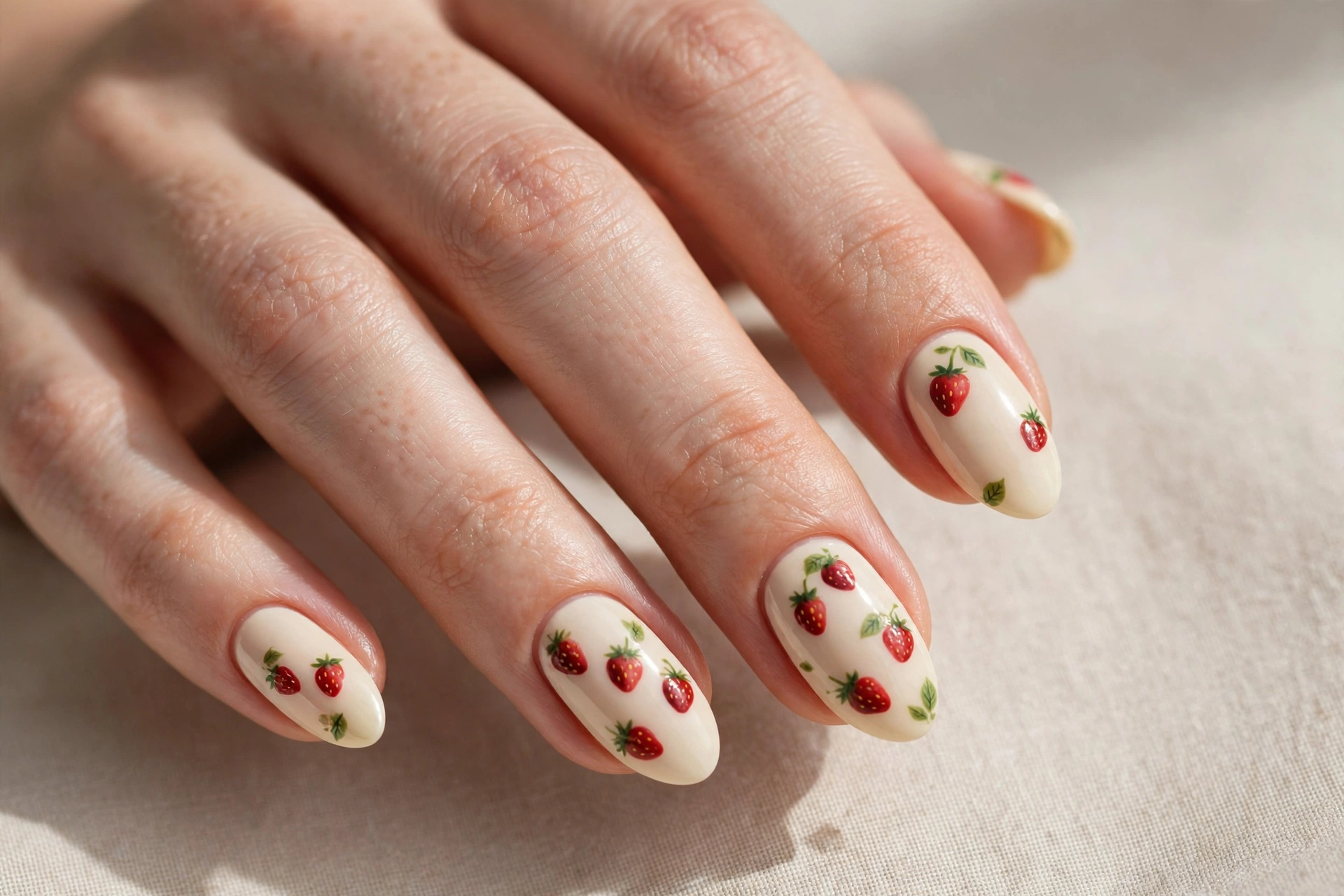 Cute strawberry nail art with tiny red strawberries on cream base