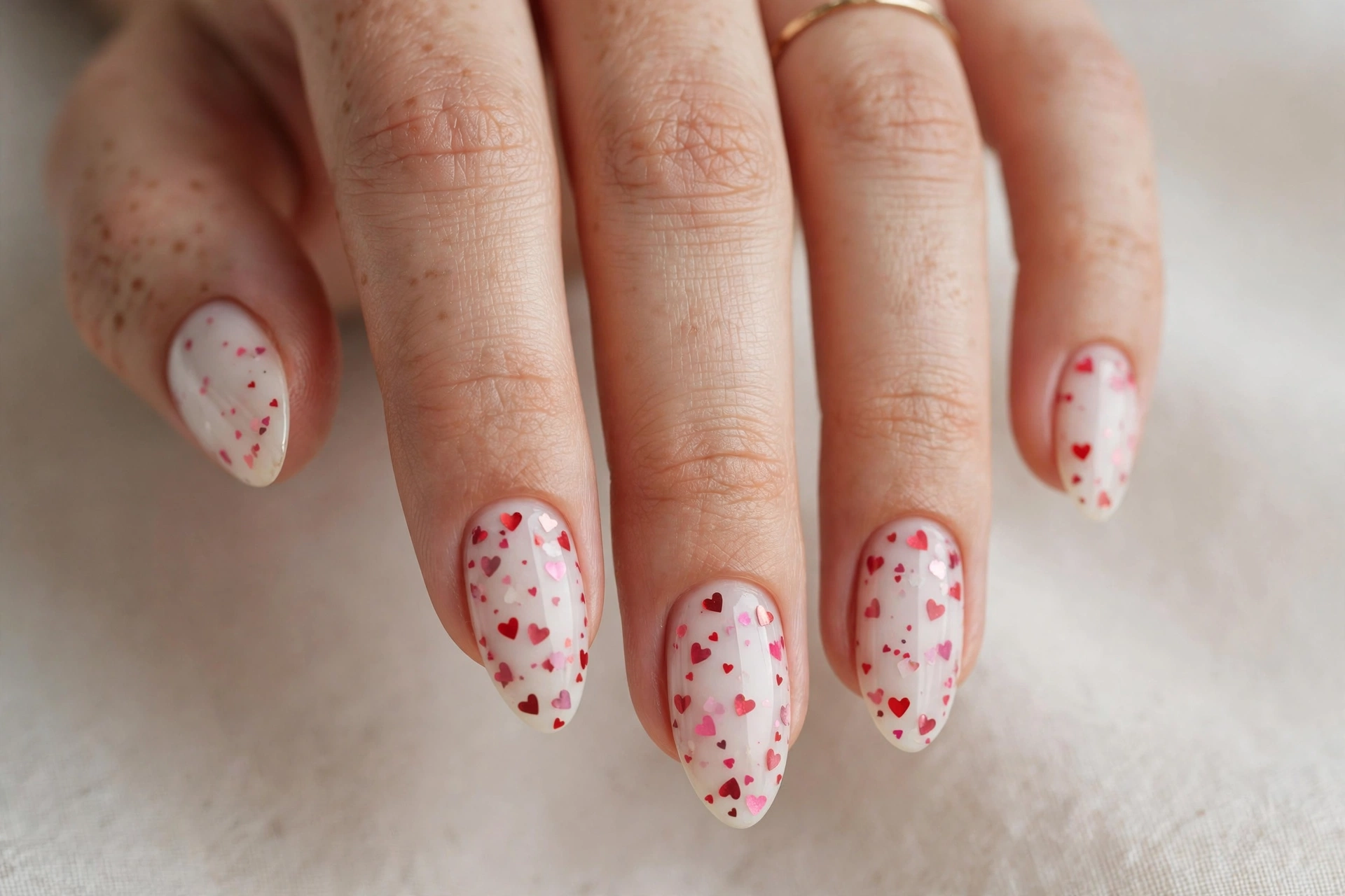 Tiny heart confetti nails in red and pink on milky white base