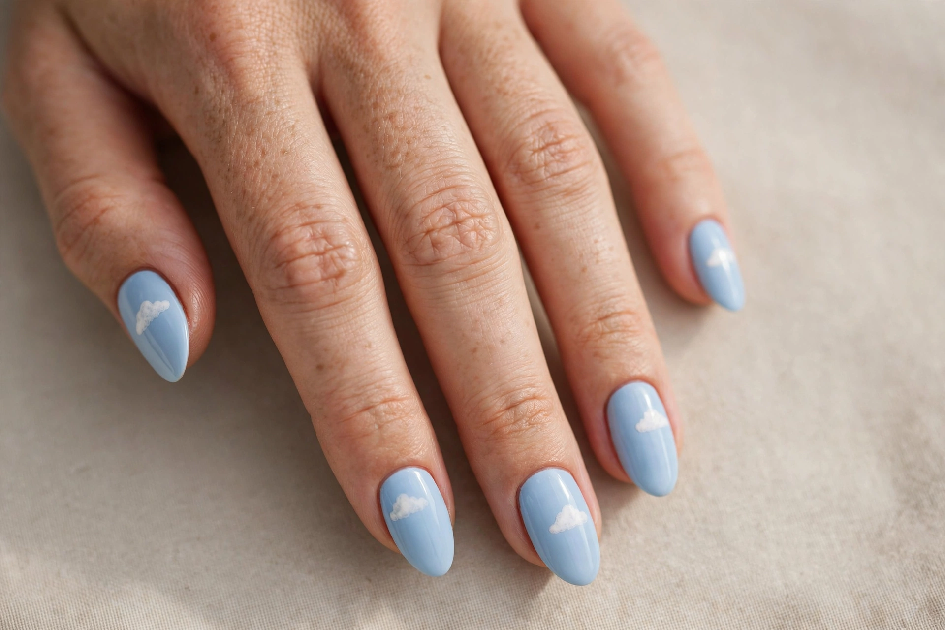 Baby blue nails with tiny white clouds painted on each nail