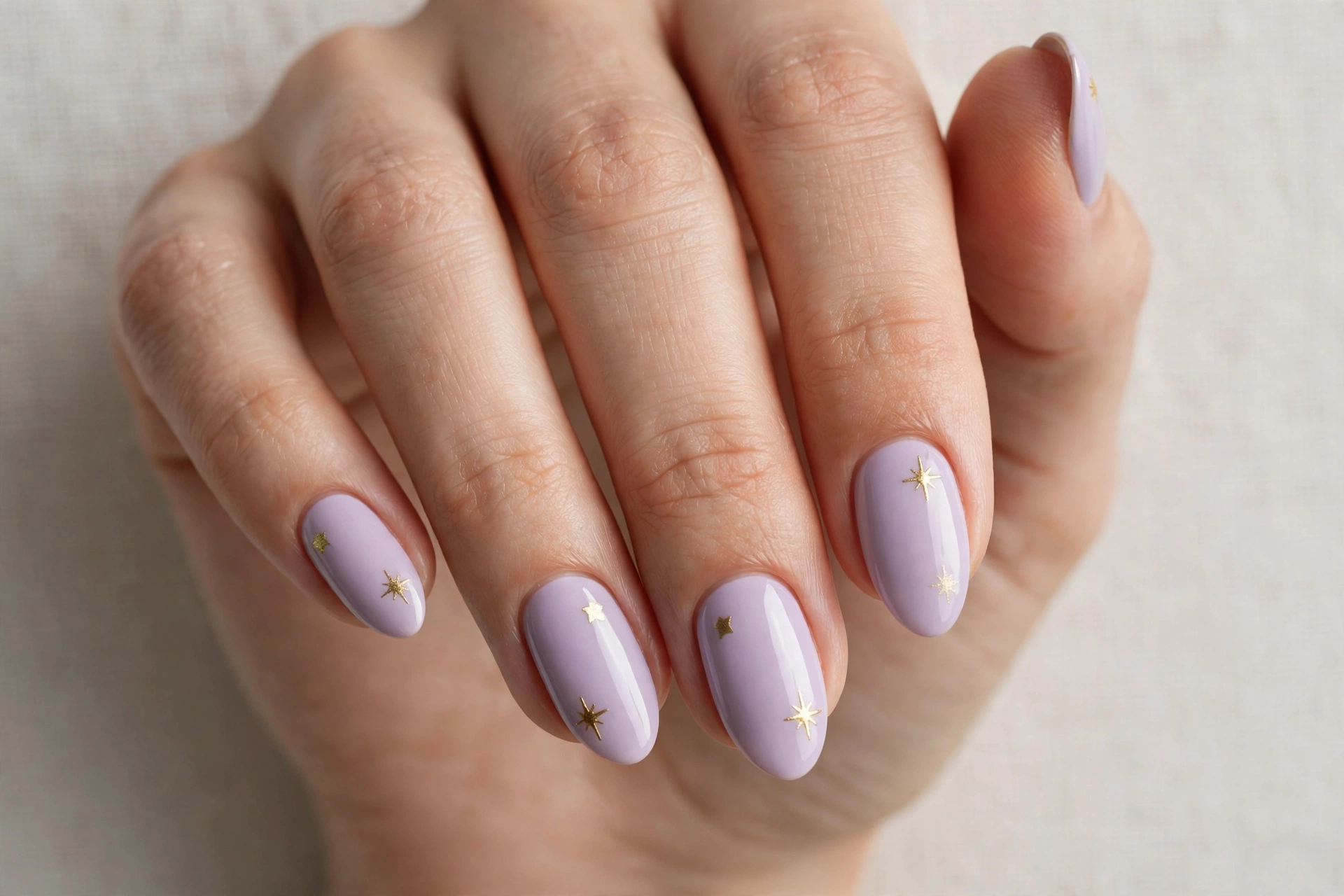 Lavender nails with tiny gold star nail art