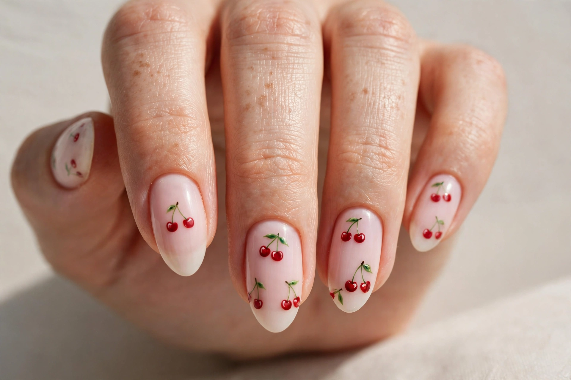 Cute cherry print nails with red cherries on milky pink base