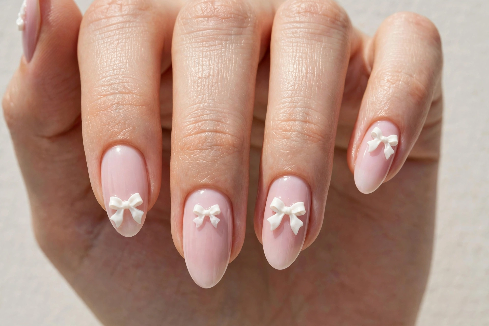 Cute bow nail art with tiny white bows on pastel pink base