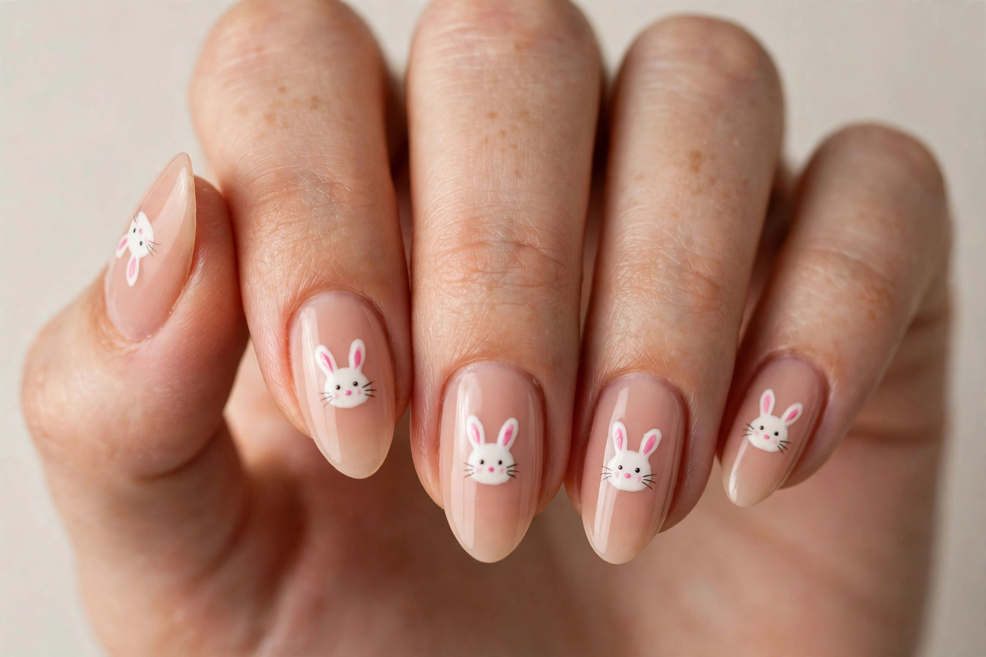 Cute bunny face nail art with white bunnies and pink ears on nude base