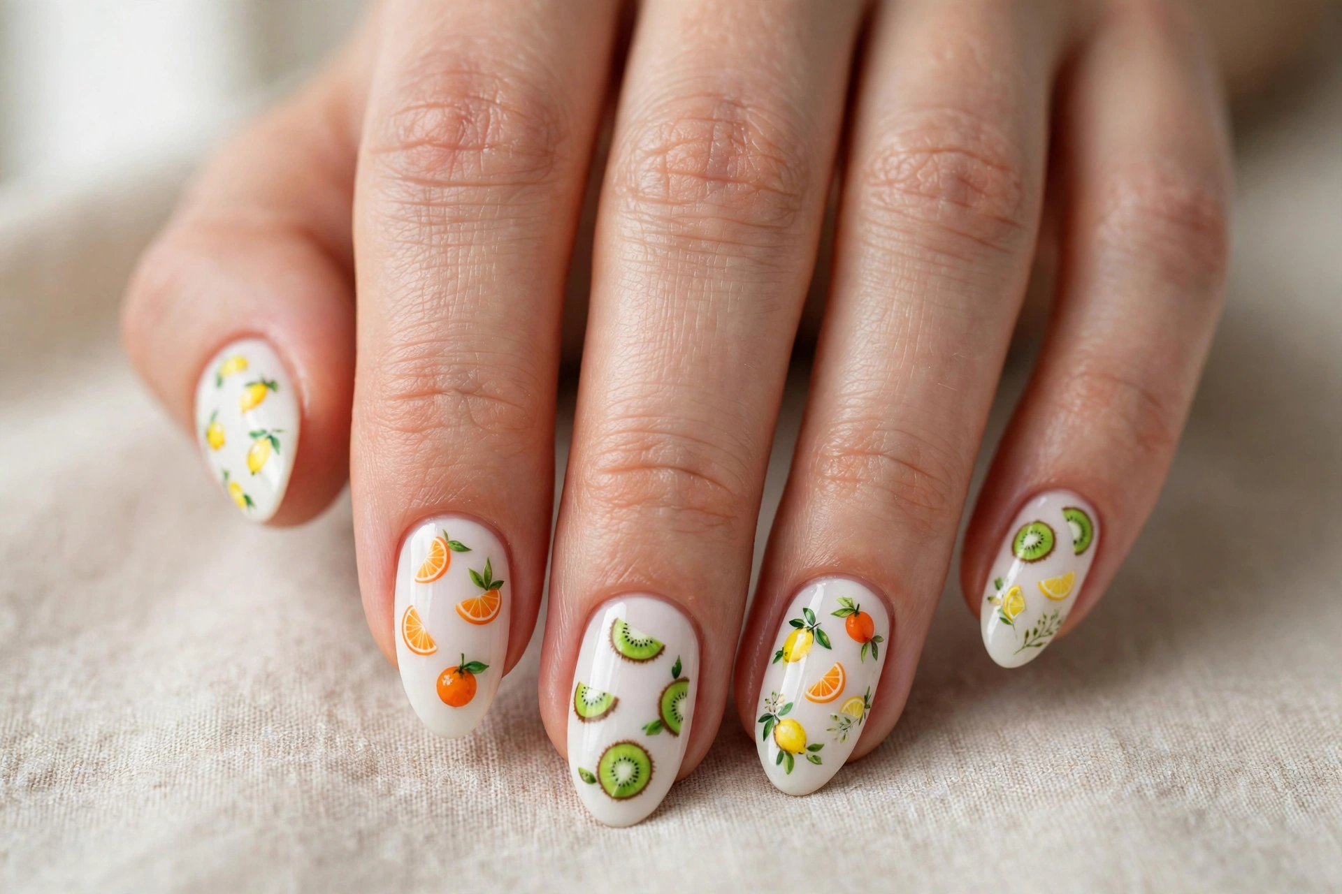 Cute fruit nail art with lemons oranges and kiwis on white base
