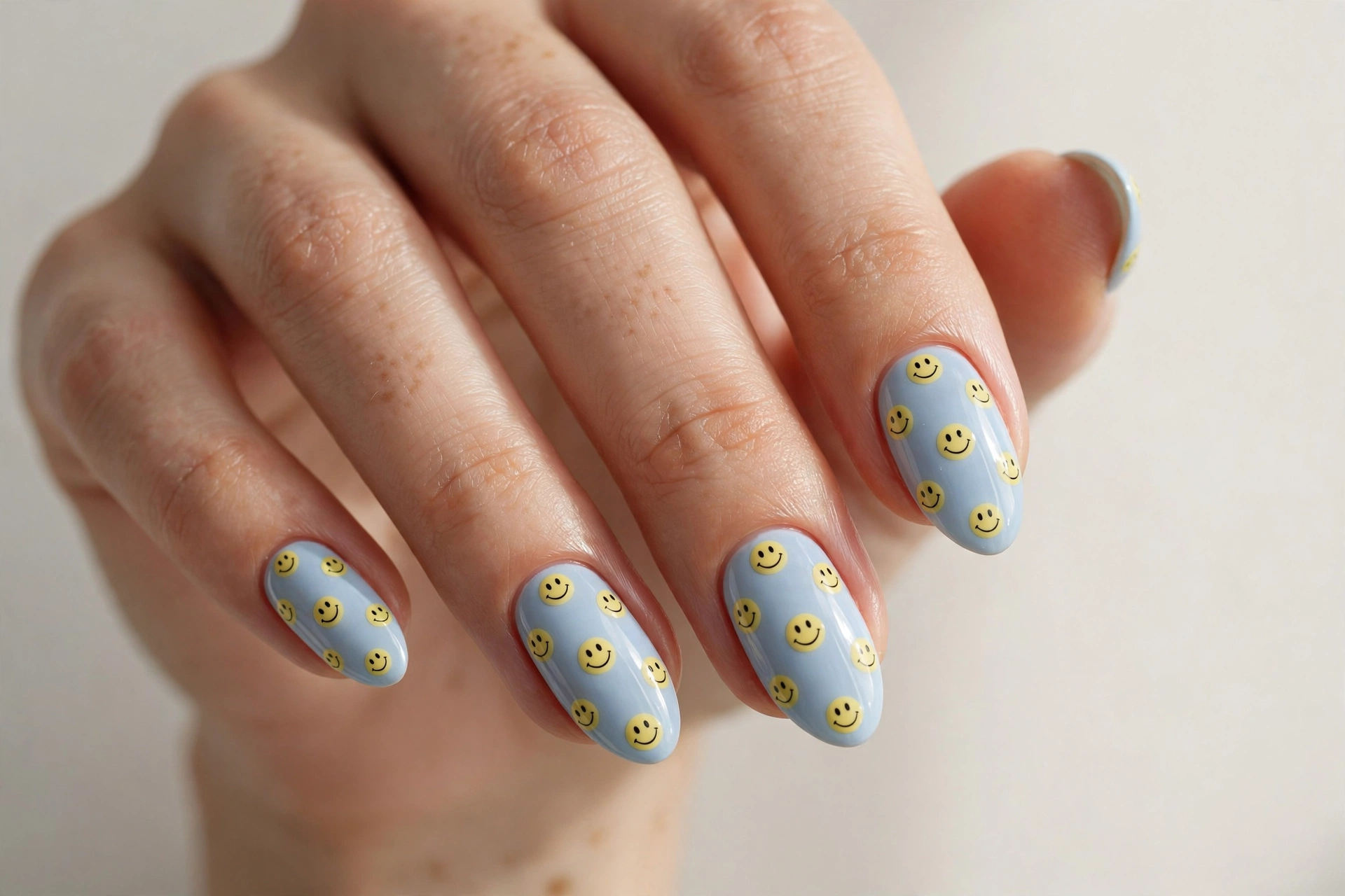 Smiley face nail art with yellow smileys on pastel blue base