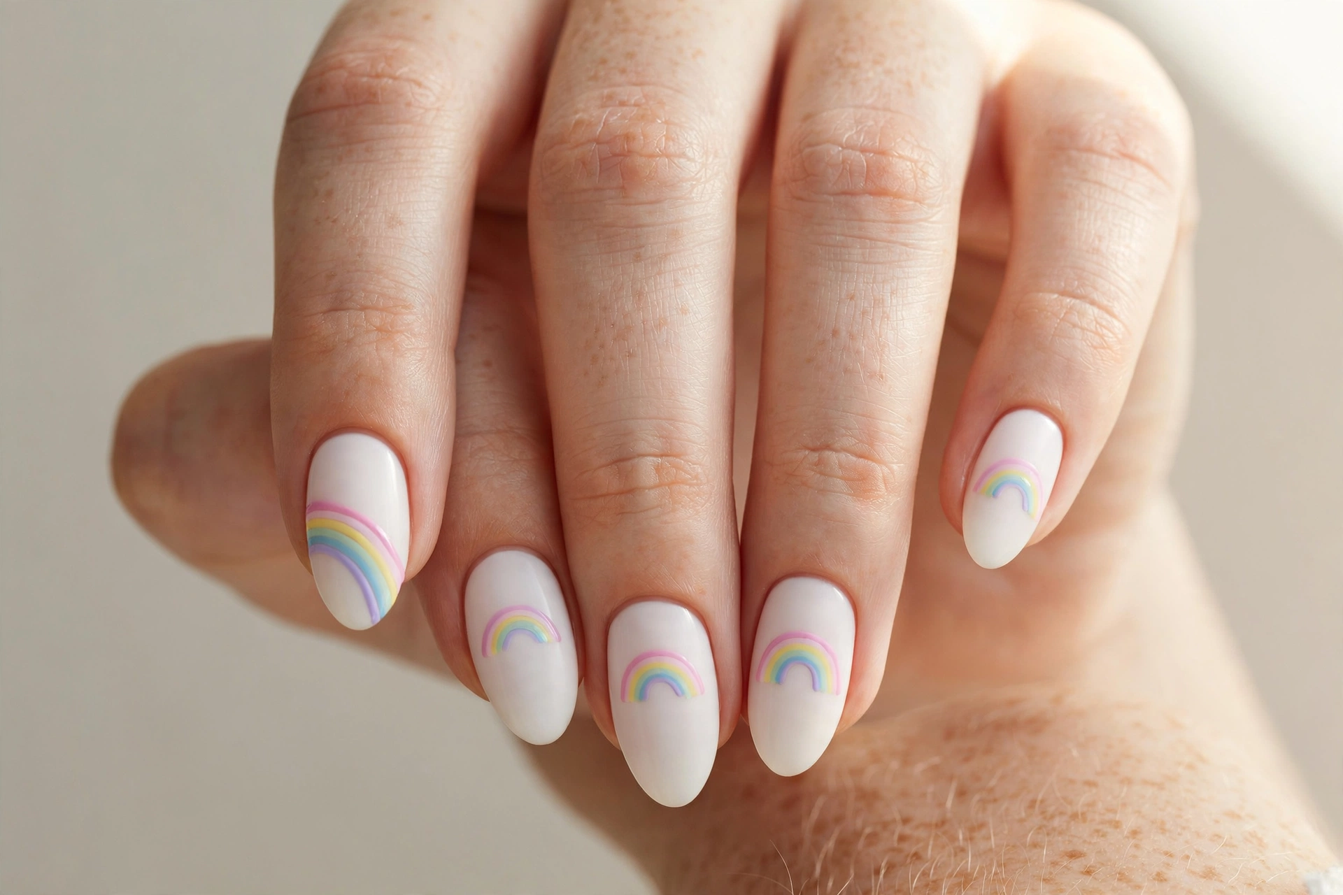 Pastel rainbow arc nail art on white base