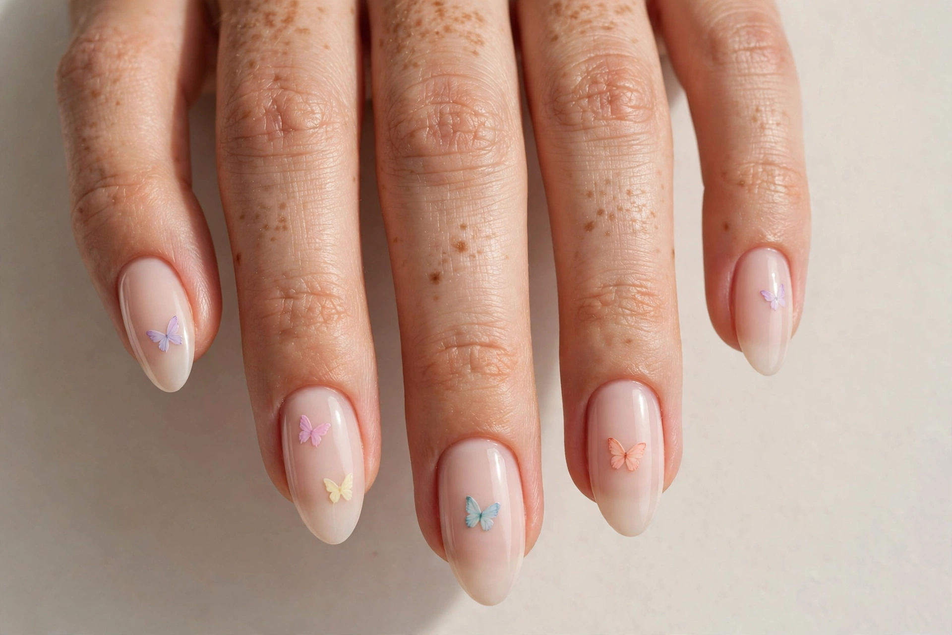 Delicate butterfly nail art with pastel butterflies on nude base