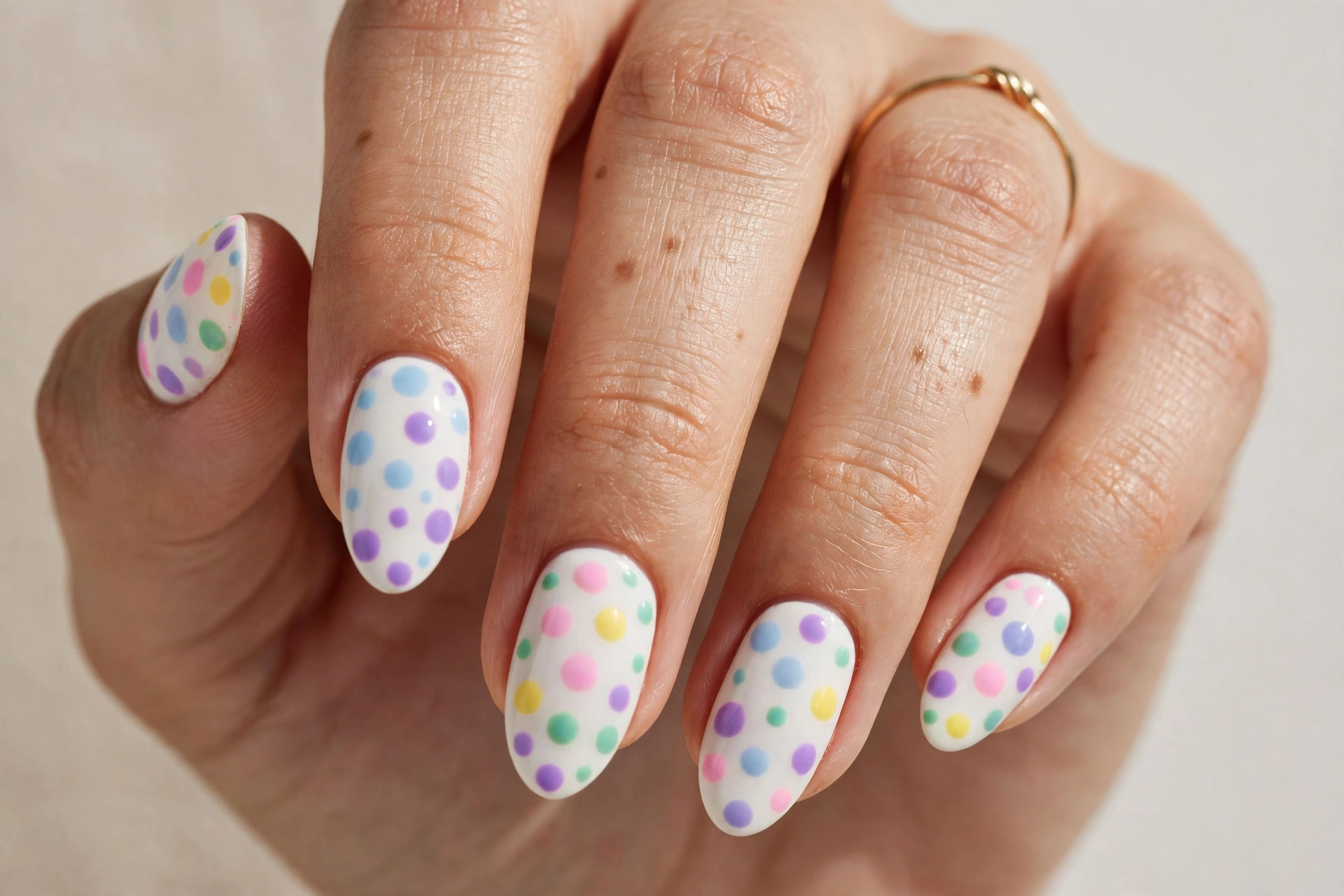 Multicolor polka dot nails with pastel dots on white base
