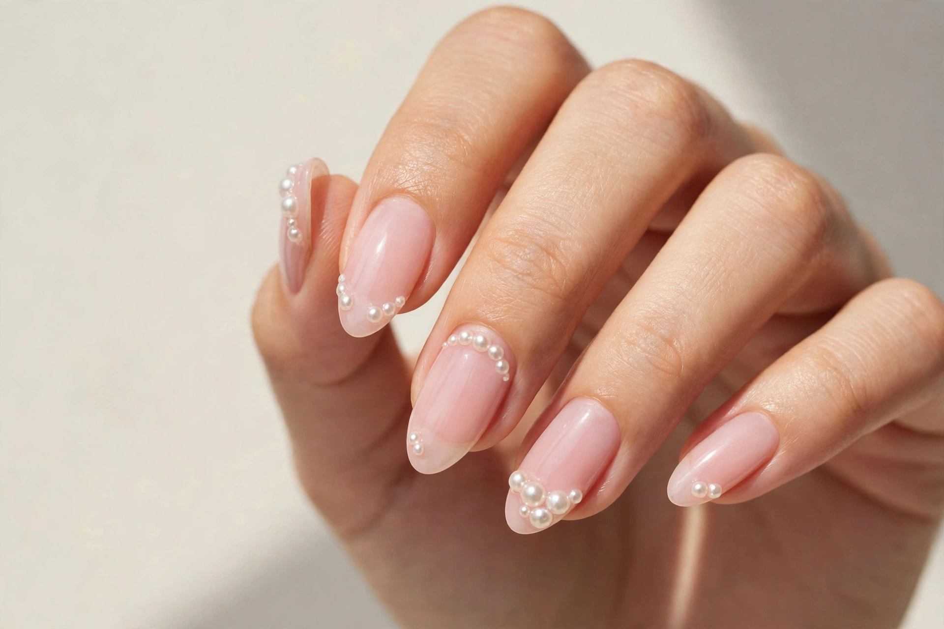 Cute pearl accent nails with small pearls on sheer pink base