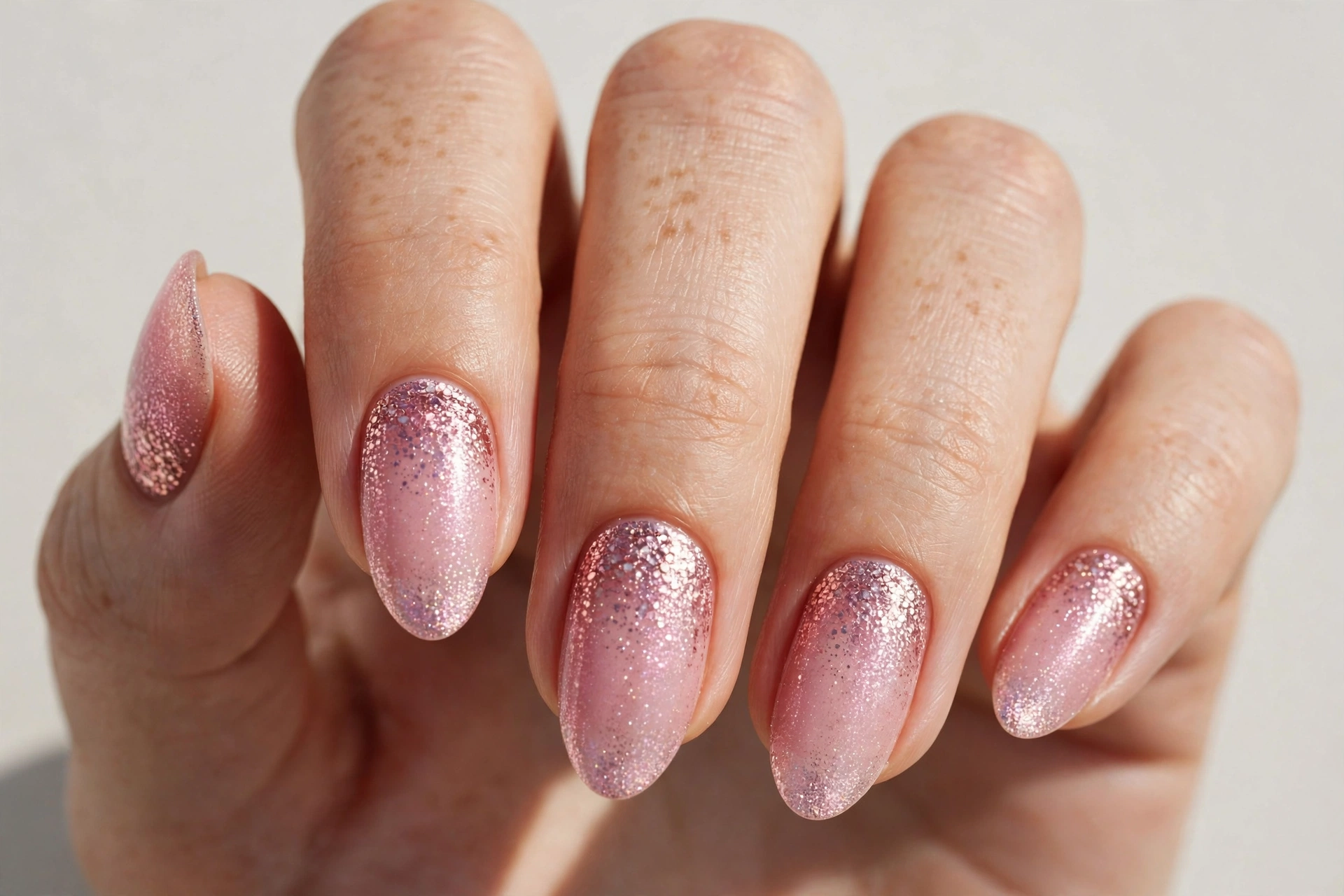 Pink glitter gradient nails fading from cuticle to shimmery tip