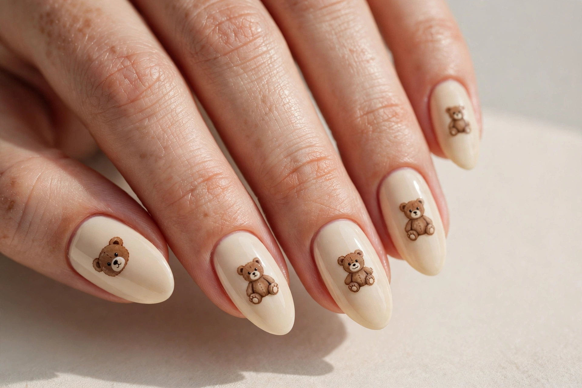 Cute teddy bear nail art with tiny brown bears on cream base