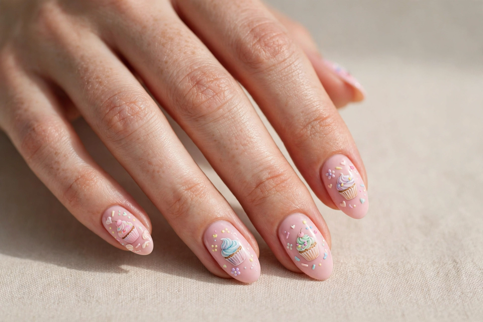 Cute cupcake nail art with tiny cupcakes on soft pink base