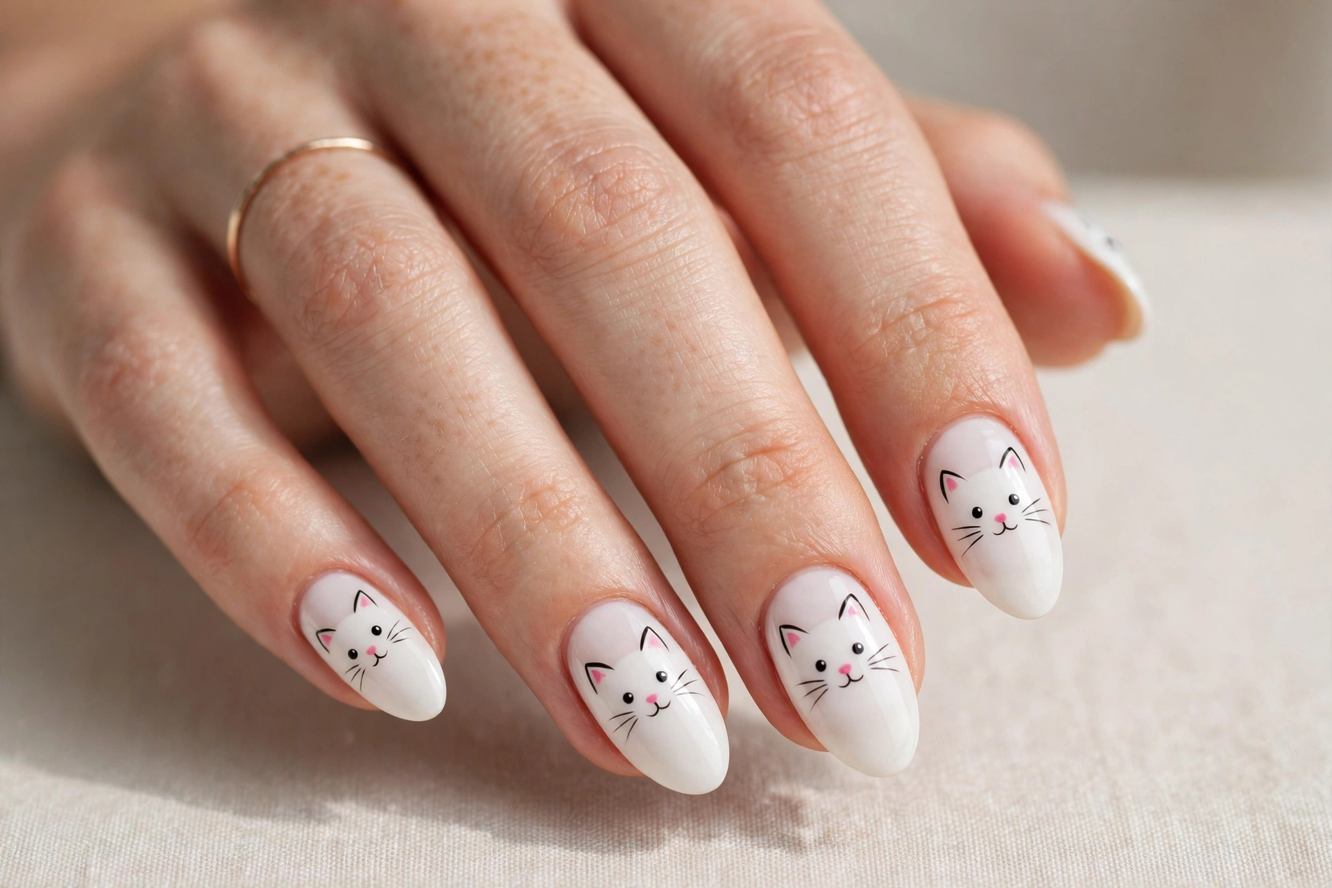 Cute cat face nail art with tiny kitty faces on white base