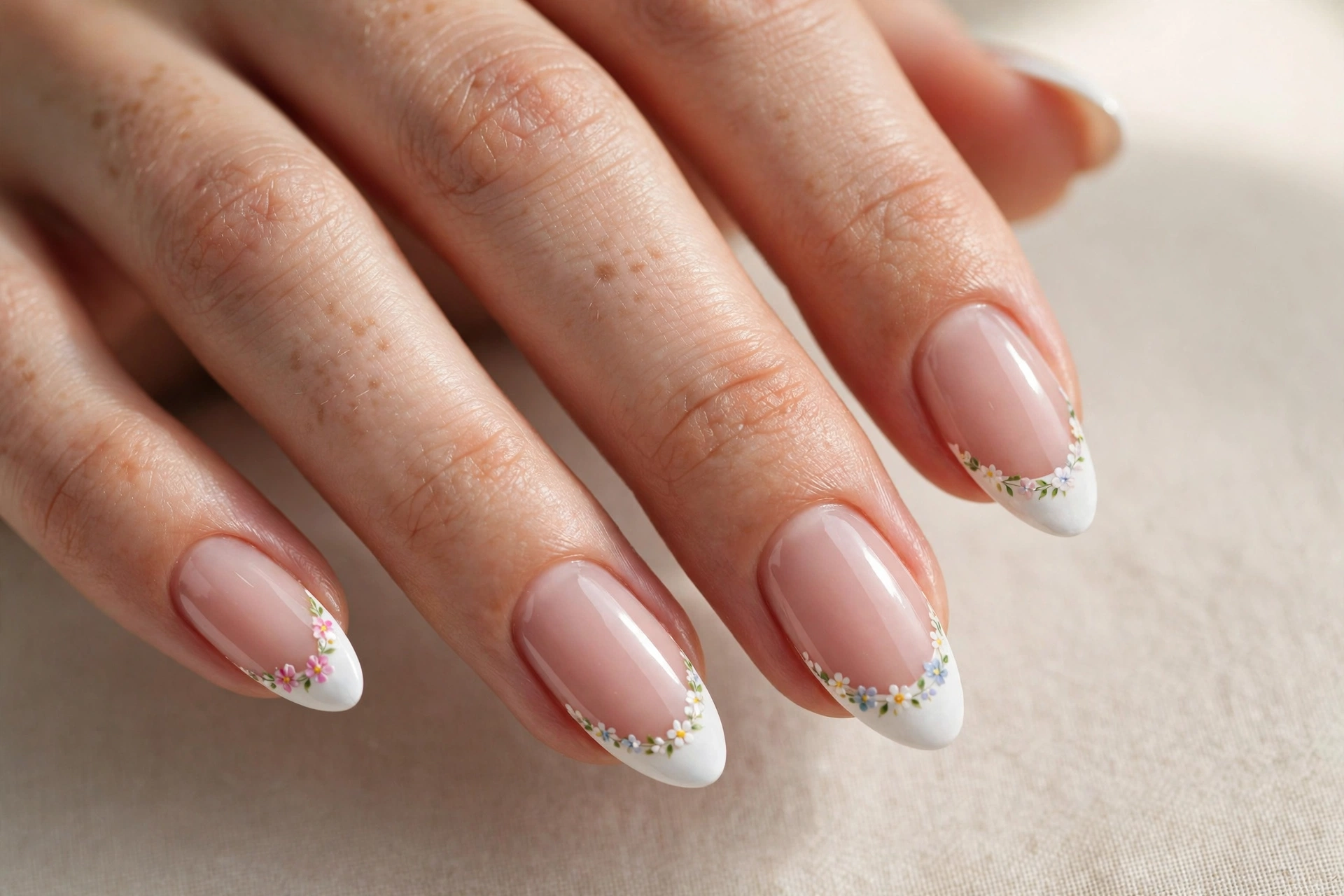 Floral French tip nails with tiny flowers along the white tips