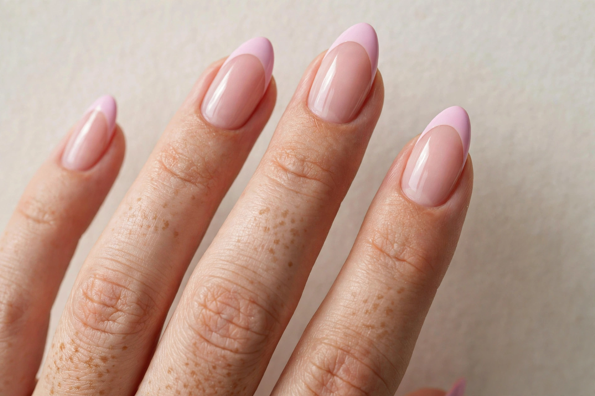 Close-up of pastel pink French tip manicure on almond shaped nails