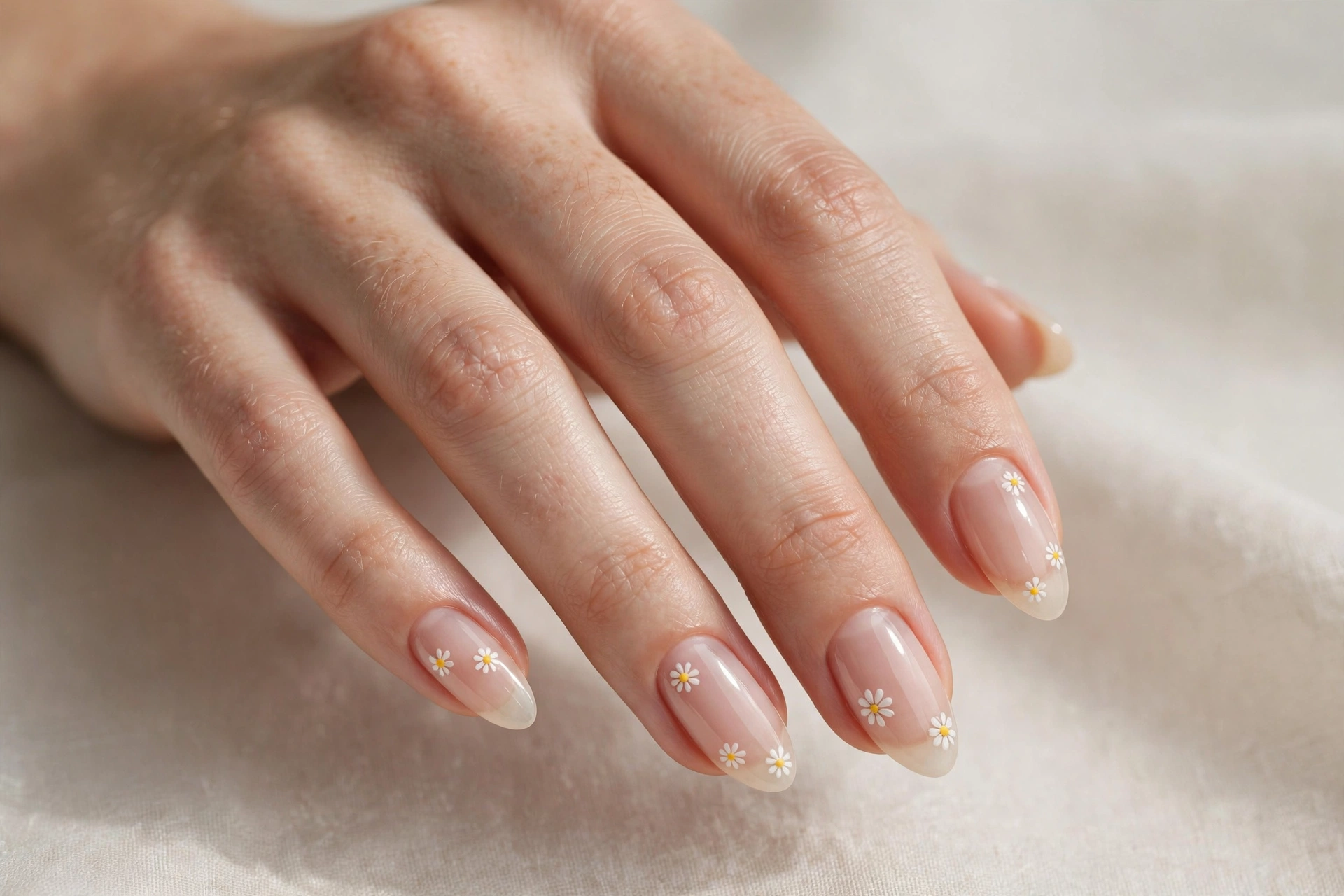 Close-up of tiny white daisy flower nail art on almond shaped nails