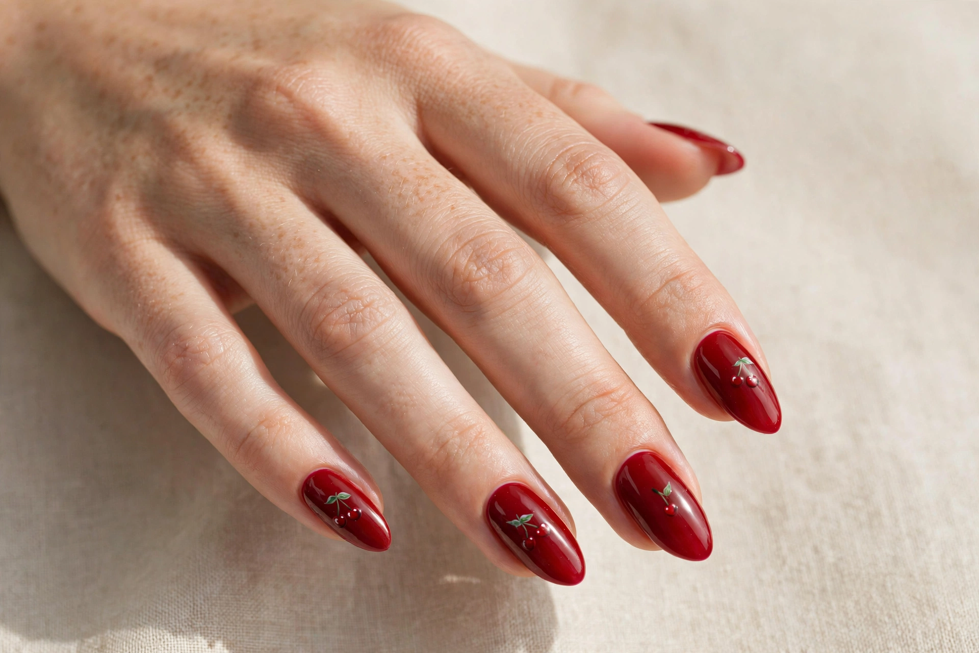 Close-up of cherry red manicure with tiny hand-painted cherry nail art on almond shaped nails