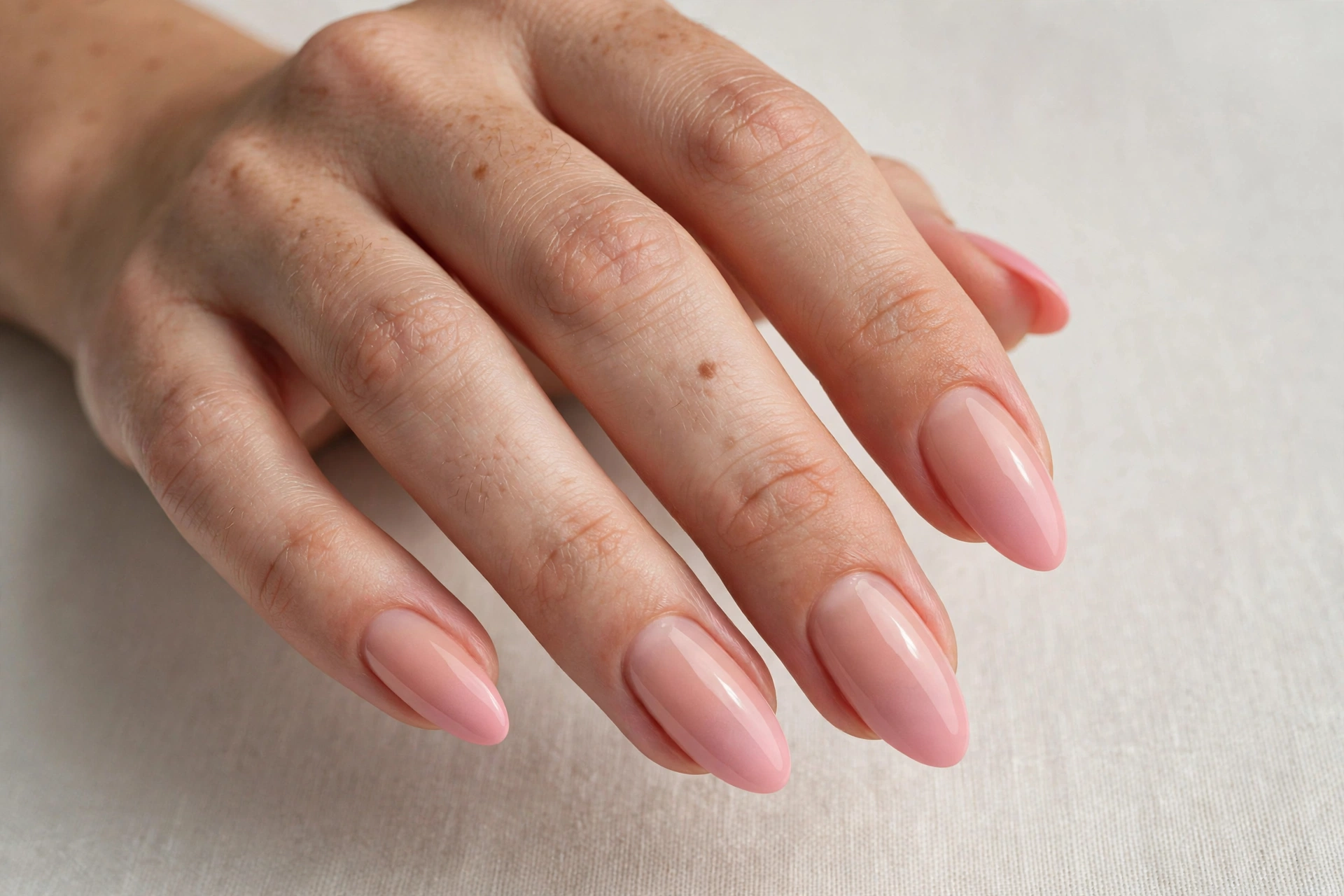 Close-up of blush pink ombre gradient manicure on almond shaped nails