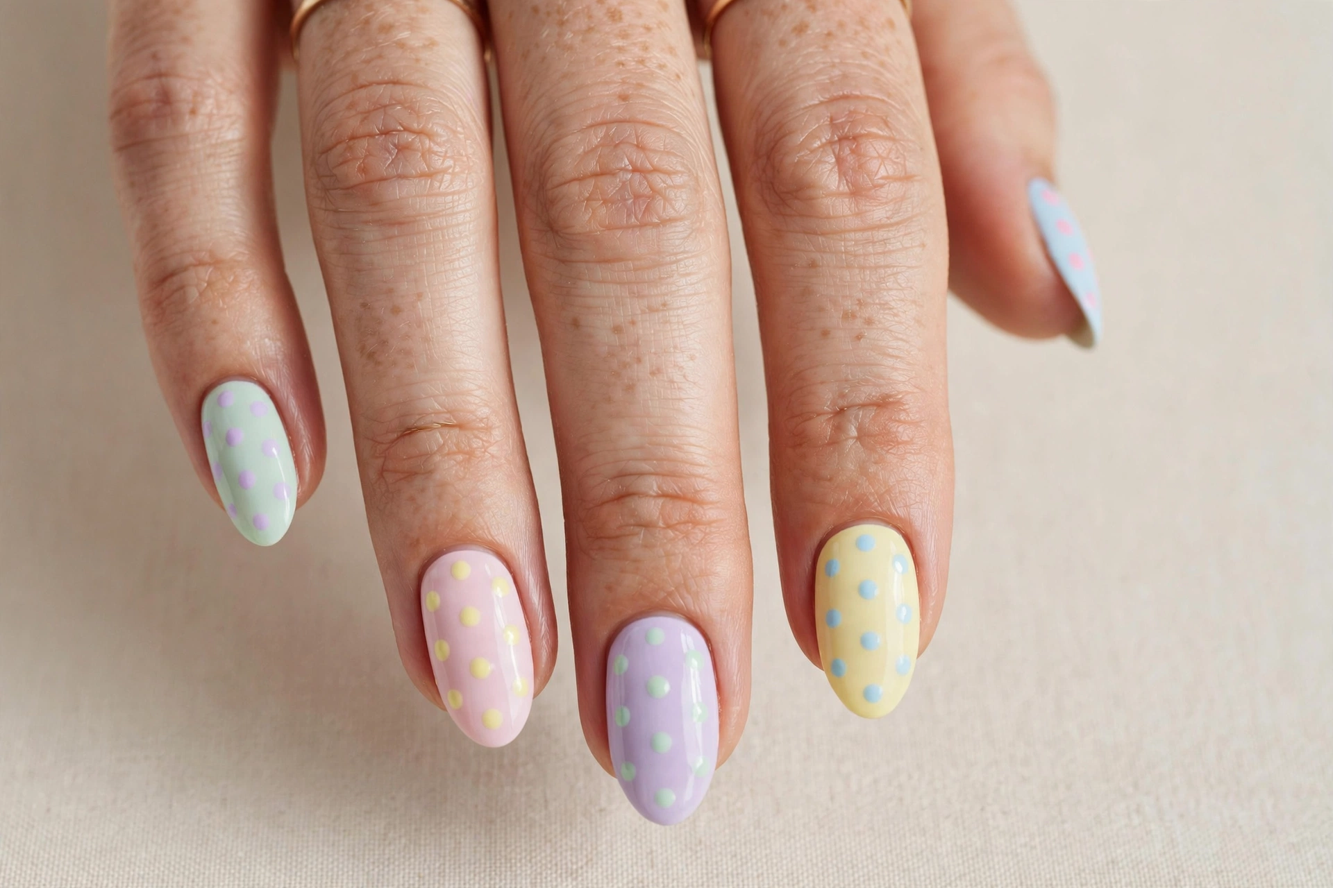Close-up of pastel polka dot nail art manicure on almond shaped nails