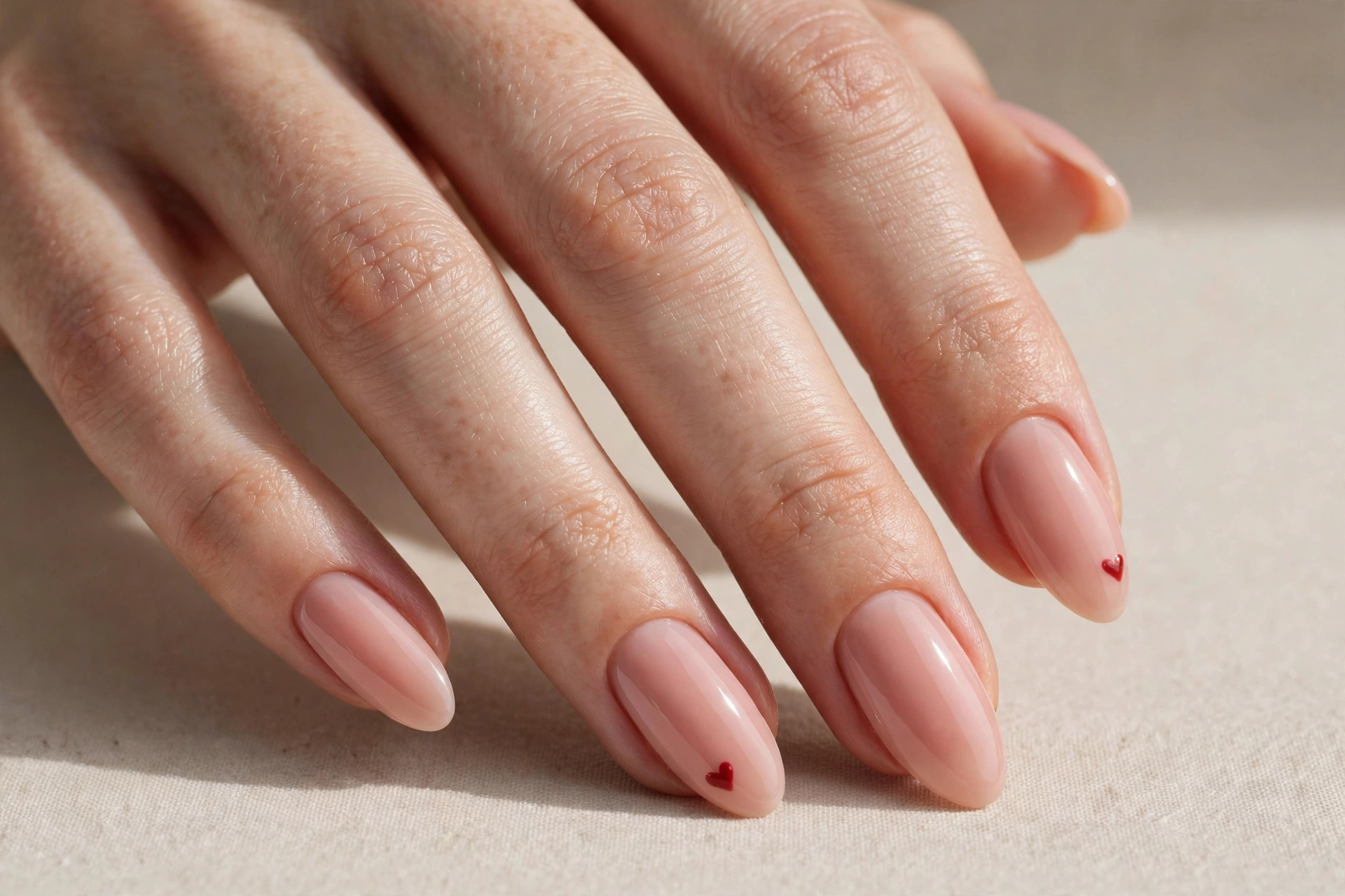 Close-up of nude pink manicure with tiny red heart accent nails on almond shaped nails