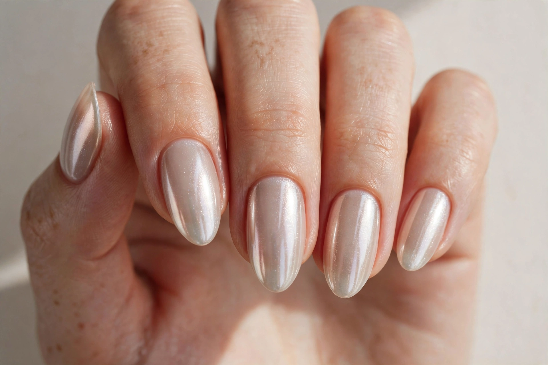 Close-up of glazed donut shimmer chrome manicure on almond shaped nails