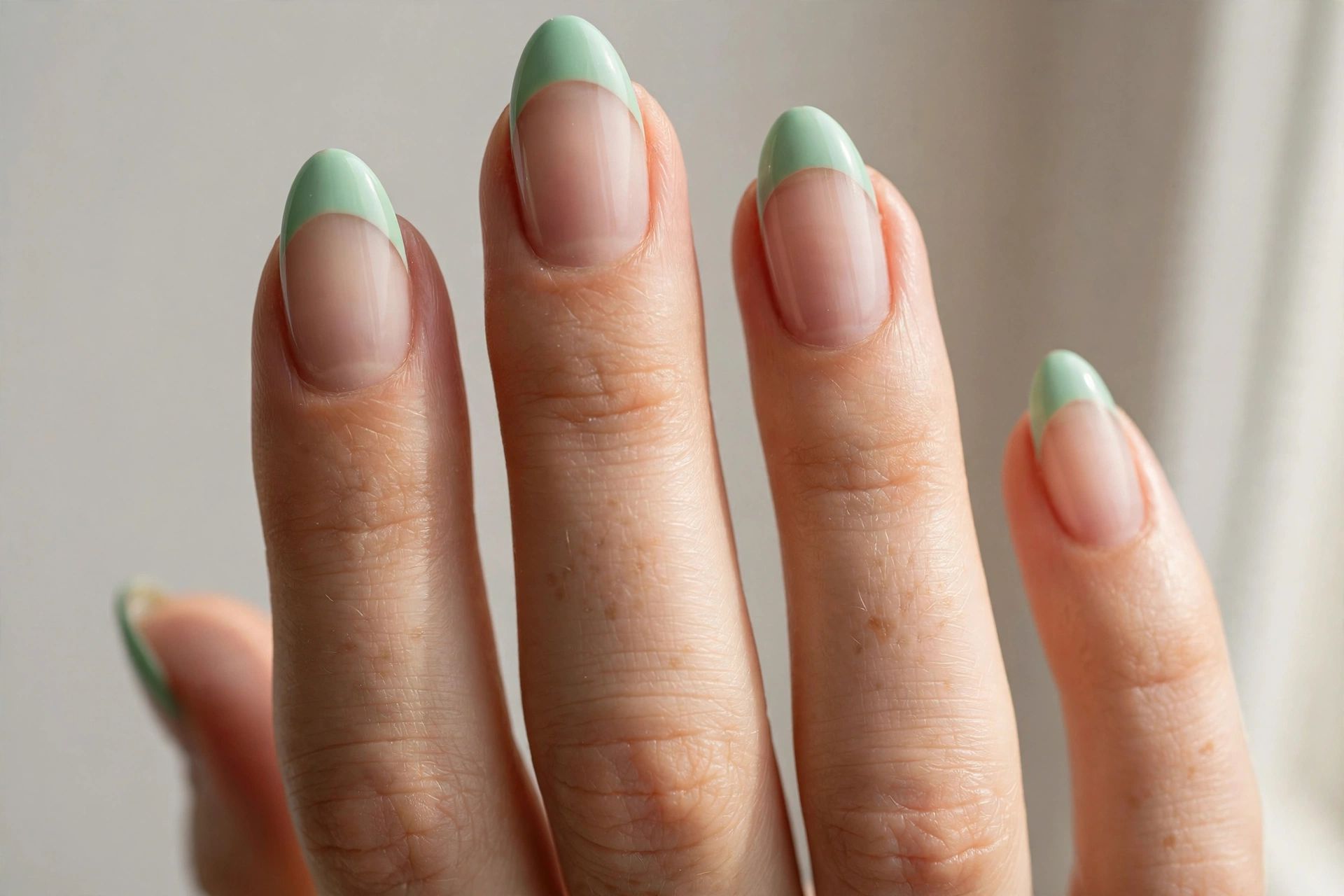 Close-up of mint green french tip manicure on almond shaped nails