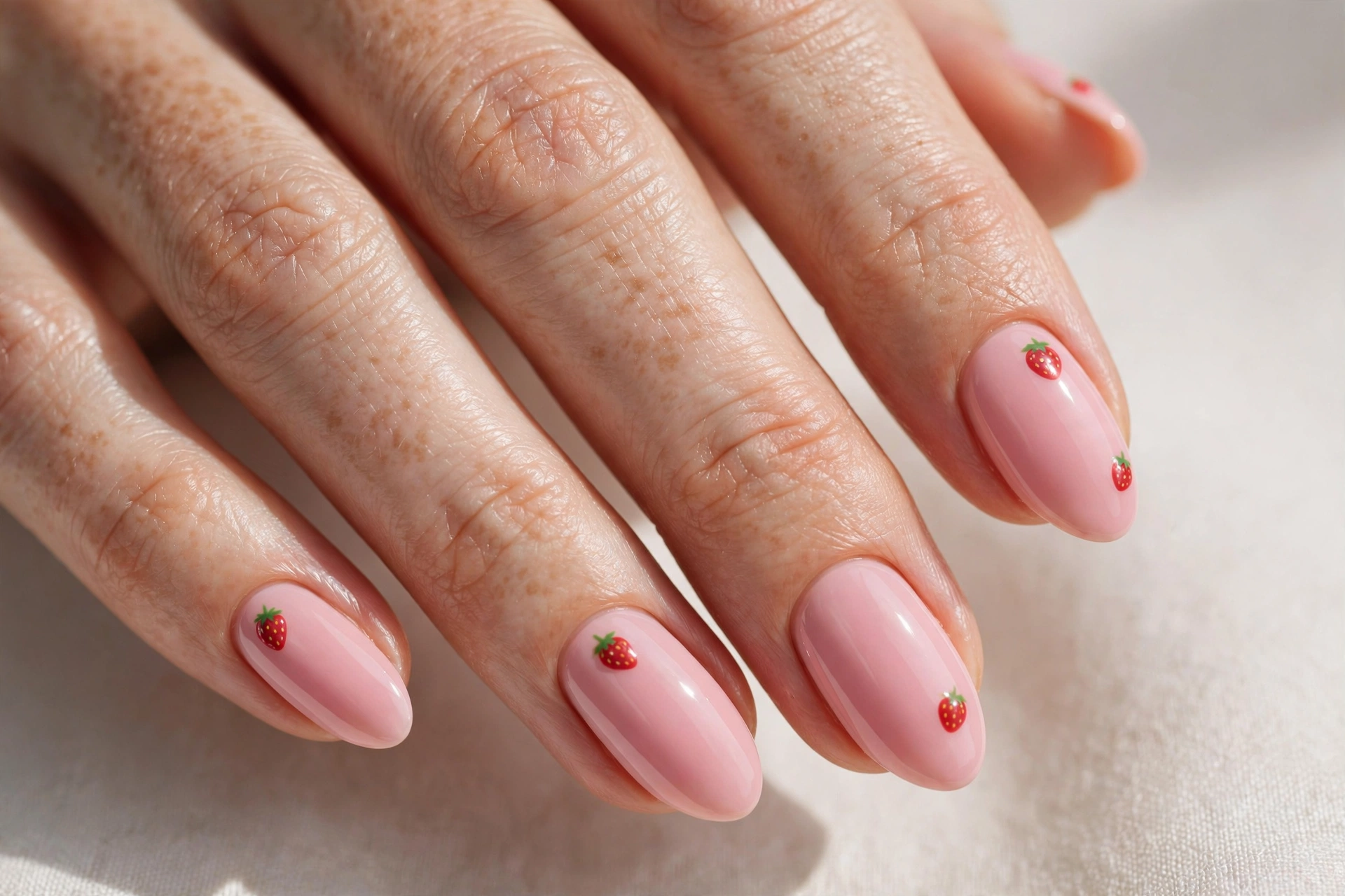 Close-up of strawberry milk pink manicure with tiny strawberry nail art on almond shaped nails